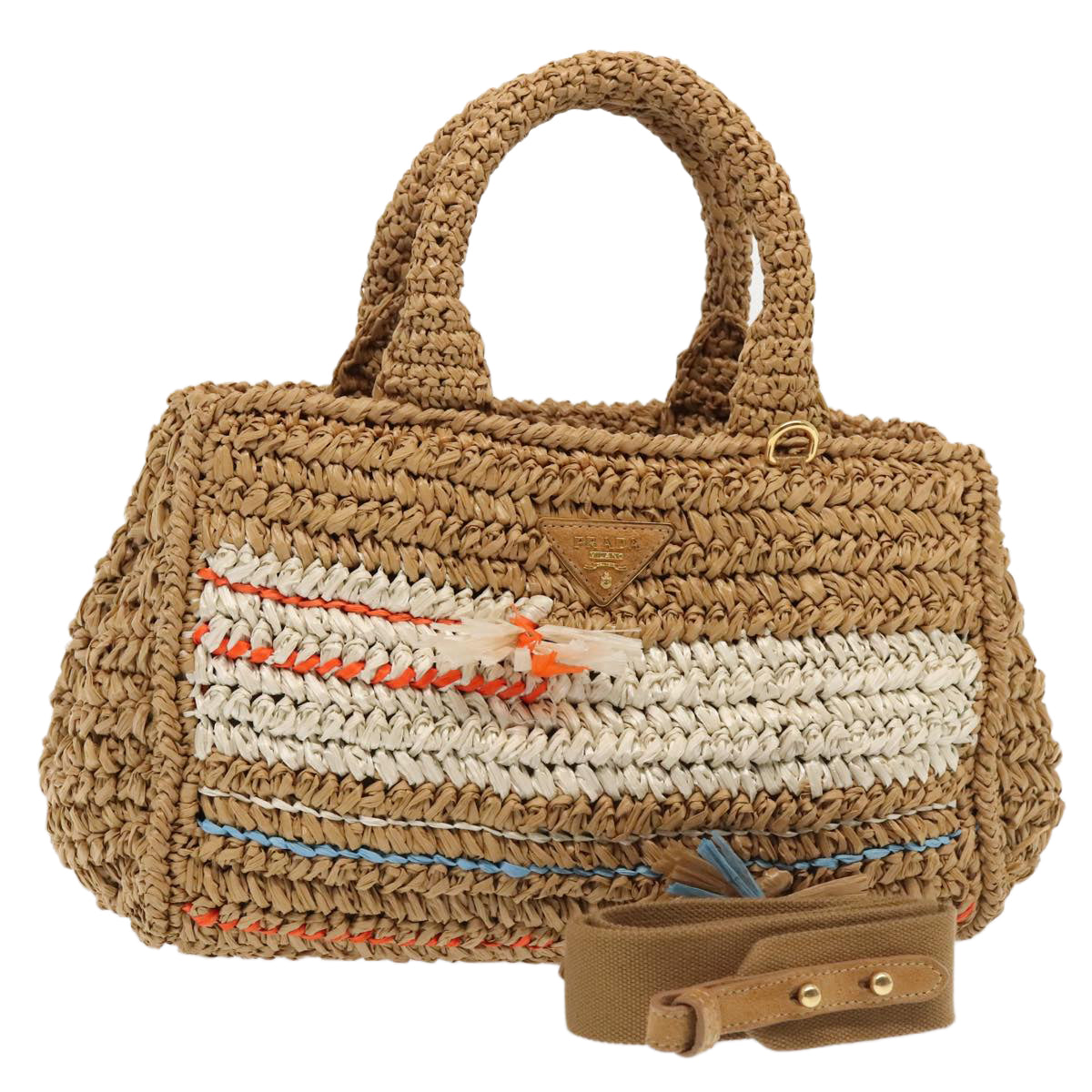 Luxury Prada Canapa Hand Bag Raffia 2way Beige Gold  88099