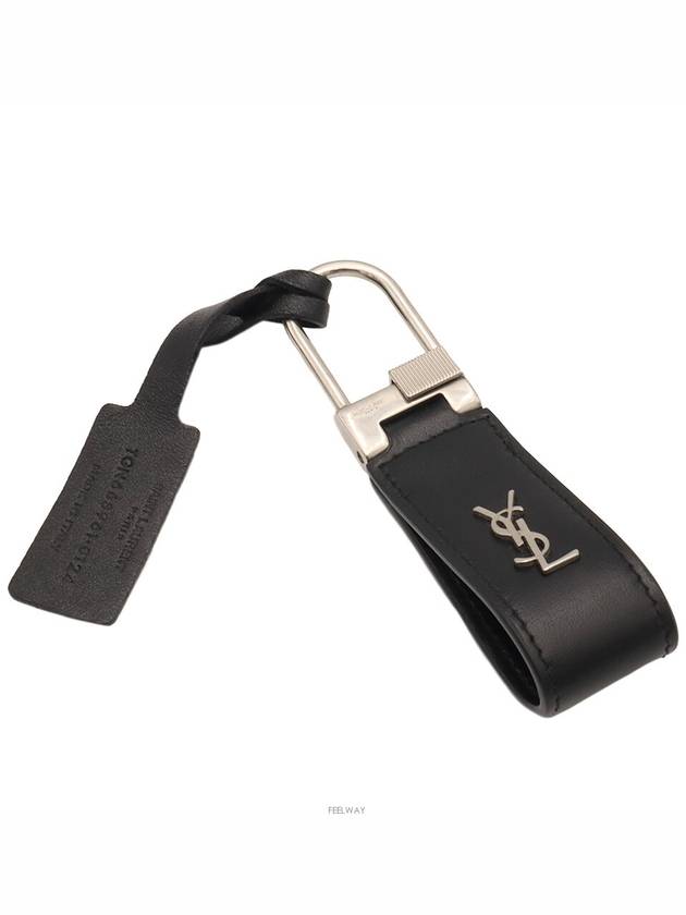 Luxury Saint Laurent Black calfskin monogram silver mini key ring 668961