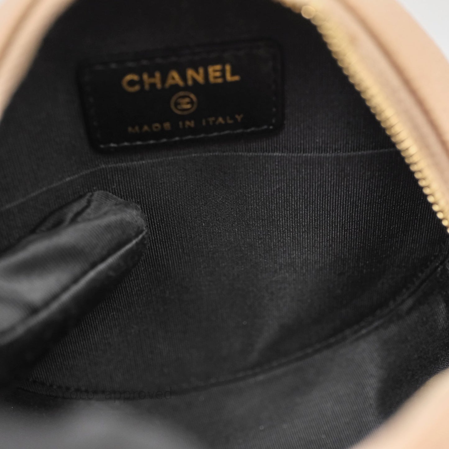 Chanel Quilted Round Filigree Clutch With Chain Beige/ Black Caviar Aged Gold Hardware