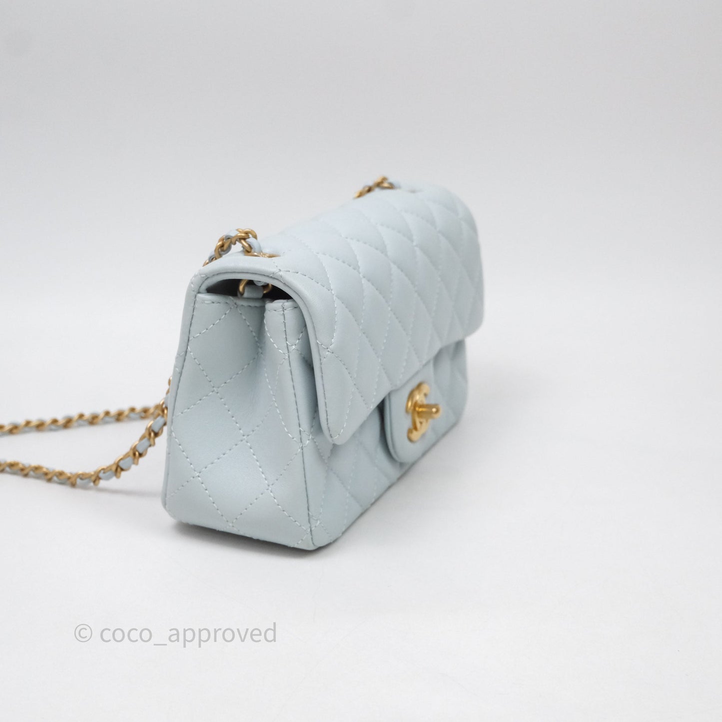 Chanel Pearl Crush Mini Rectangular Light Blue Lambskin Aged Gold Hardware