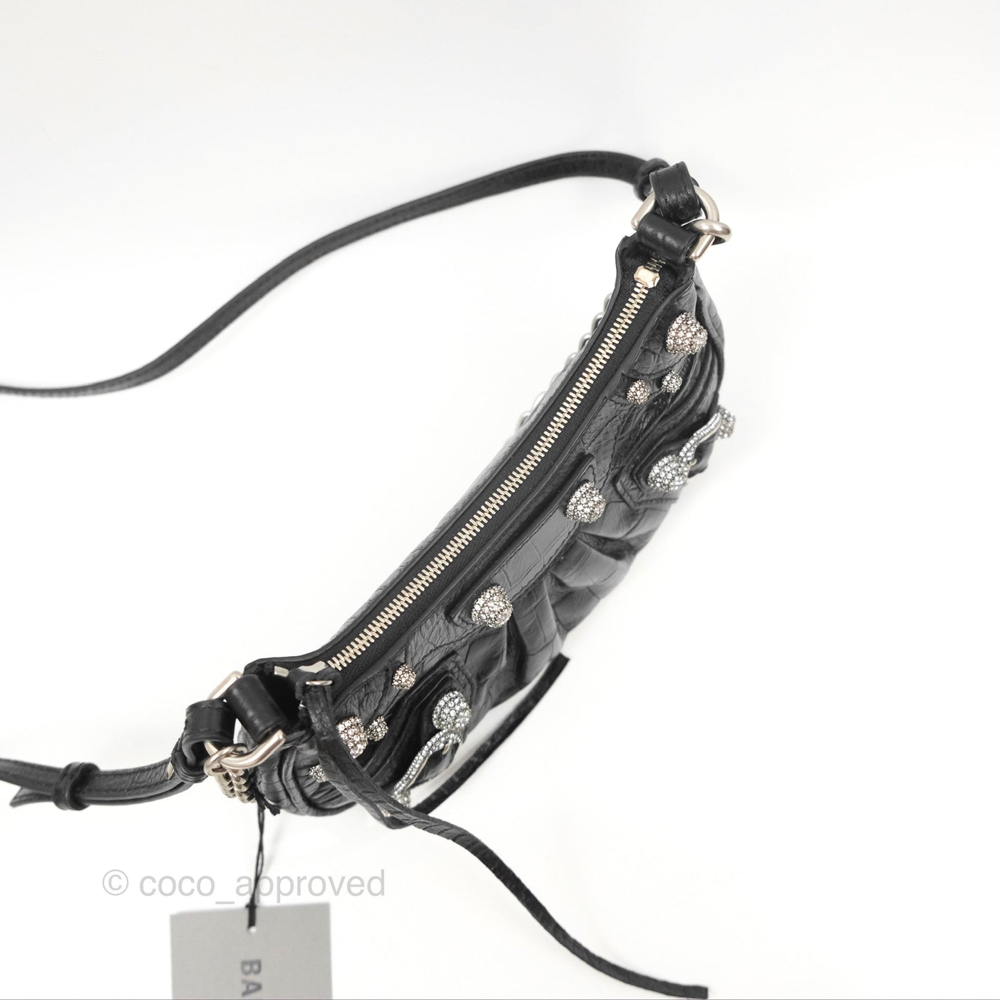 Balenciaga Le Cagole Mini Bag With Chain Black Crocodile Embossed Calfskin Aged Silver Hardware