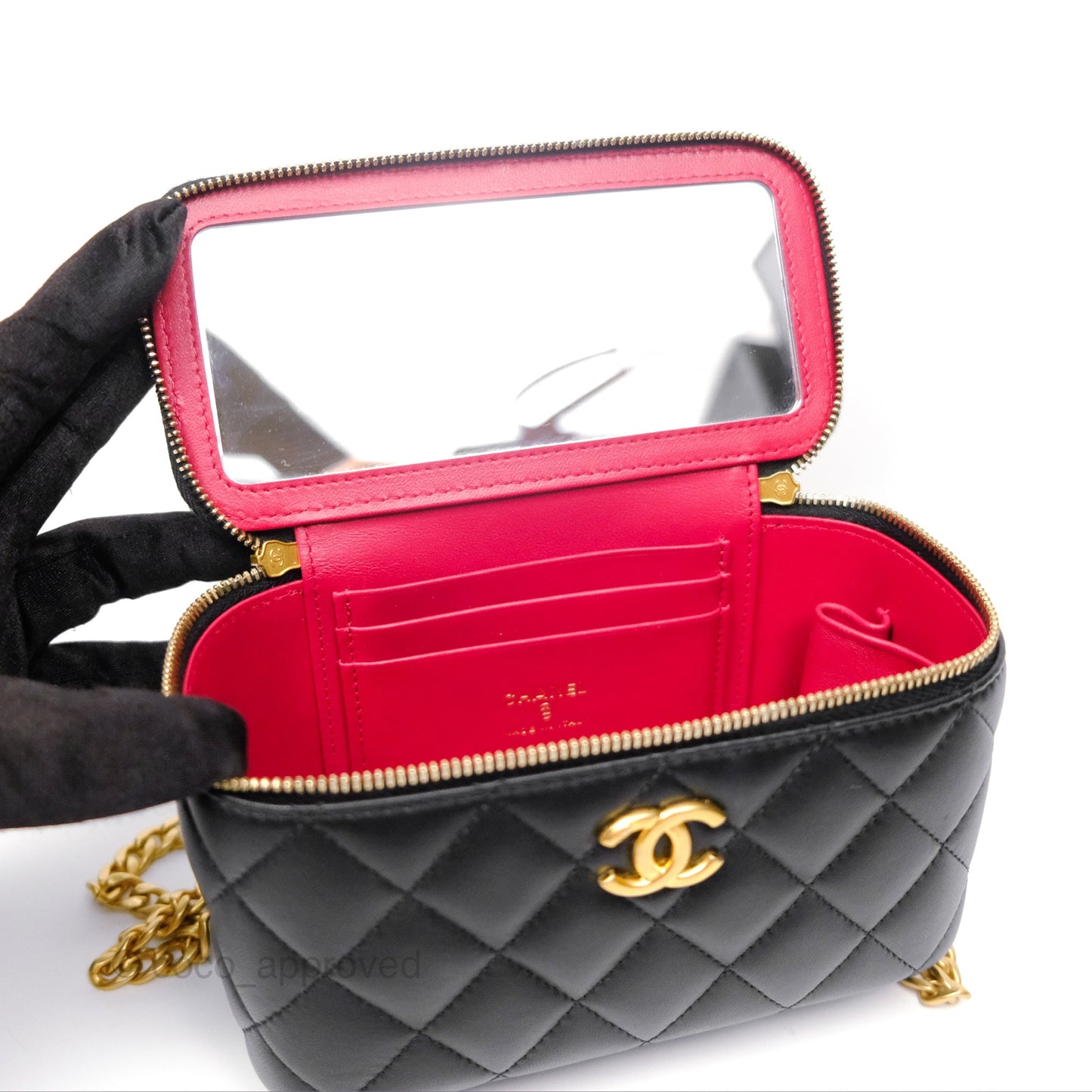 Chanel Quilted Vanity Rectangular with Camellia Adjustable Chain Black Lambskin 23S