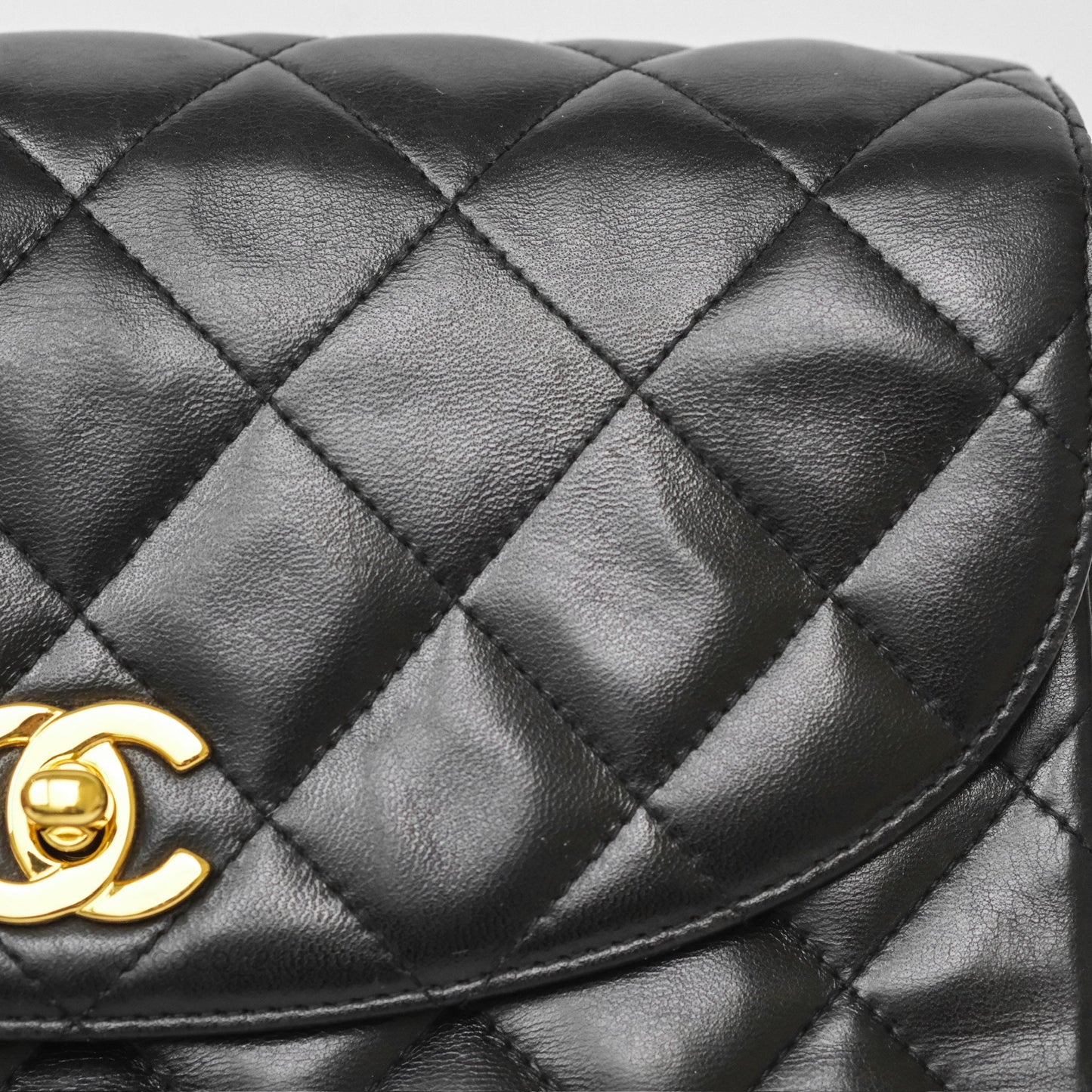 Chanel Vintage Half Moon Flap Shoulder Bag Black Lambskin 24K Gold Hardware