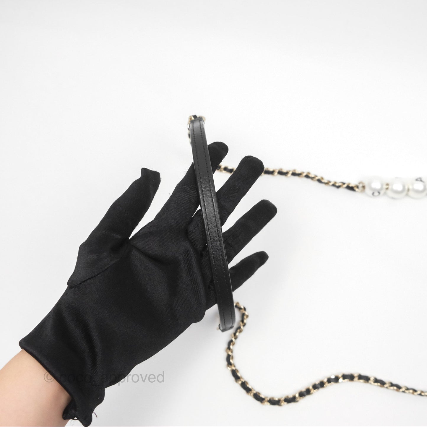 Chanel Logo Pearl Chain Flap Bag Black Lambskin Gold Hardware