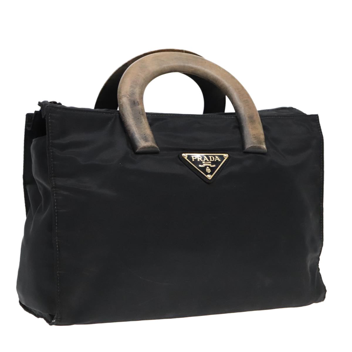 Luxury Prada Wood Hand Bag Nylon Black Silver  88225