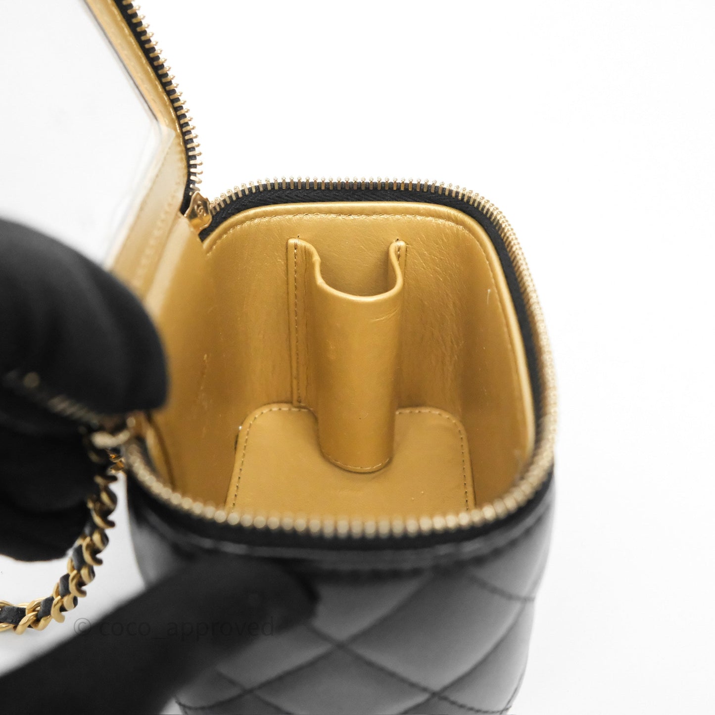 Chanel Quilted Pearl Crush Mini Vanity With Chain Black Lambskin Aged Gold Hardware