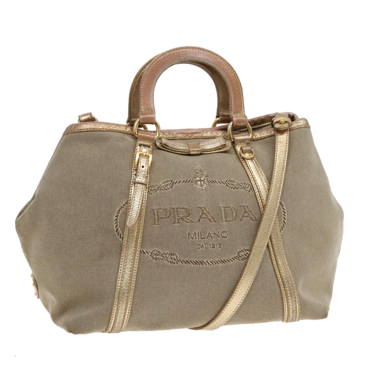 Luxury Prada Hand Bag Canvas 2way Beige Gold  88289