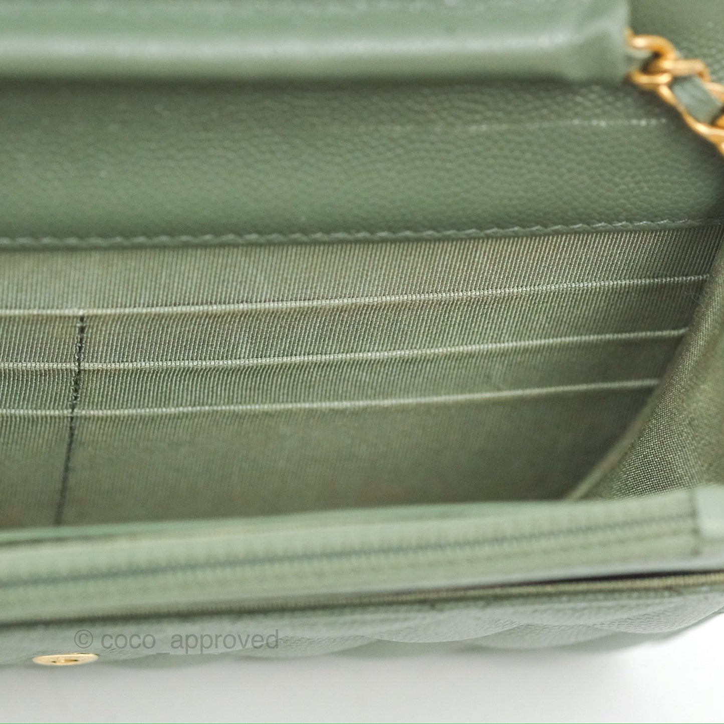 Chanel Classic Quilted Wallet On Chain WOC Glitter Dark Tiffany Green Caviar Aged Gold Hardware