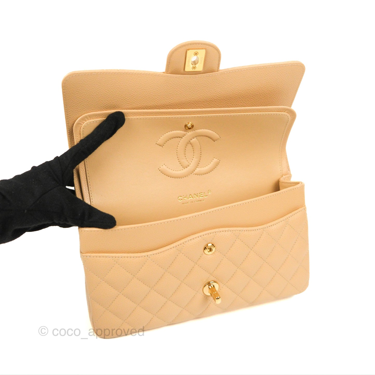 Chanel Classic M/L Medium Flap Quilted Beige Caviar Gold Hardware