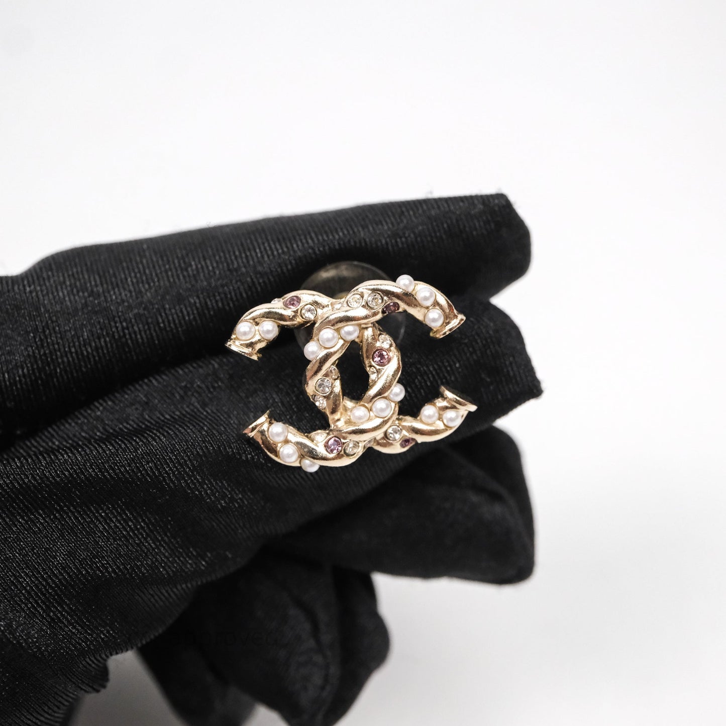Chanel CC Pearl Crystals Earrings Gold Tone 23B