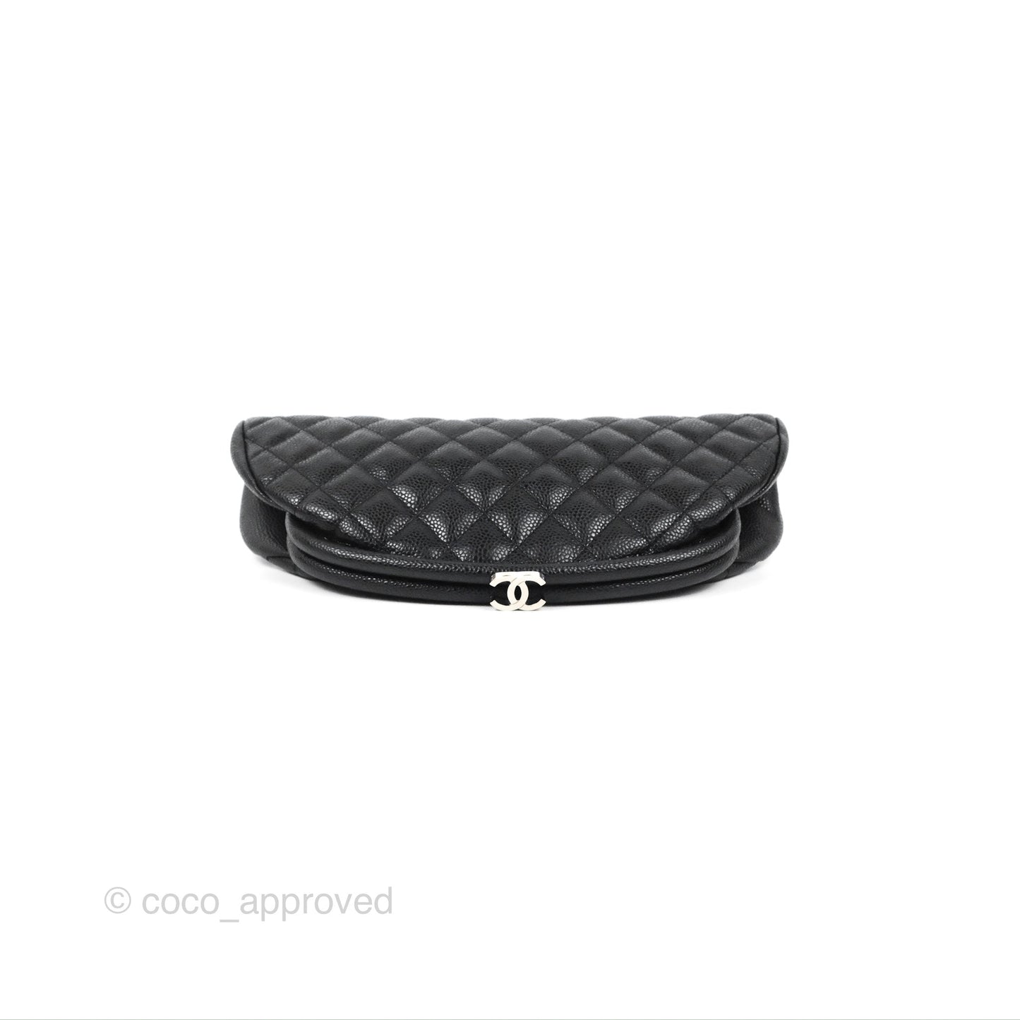 Chanel Quilted Timeless Kisslock Clutch Black Caviar Silver Hardware