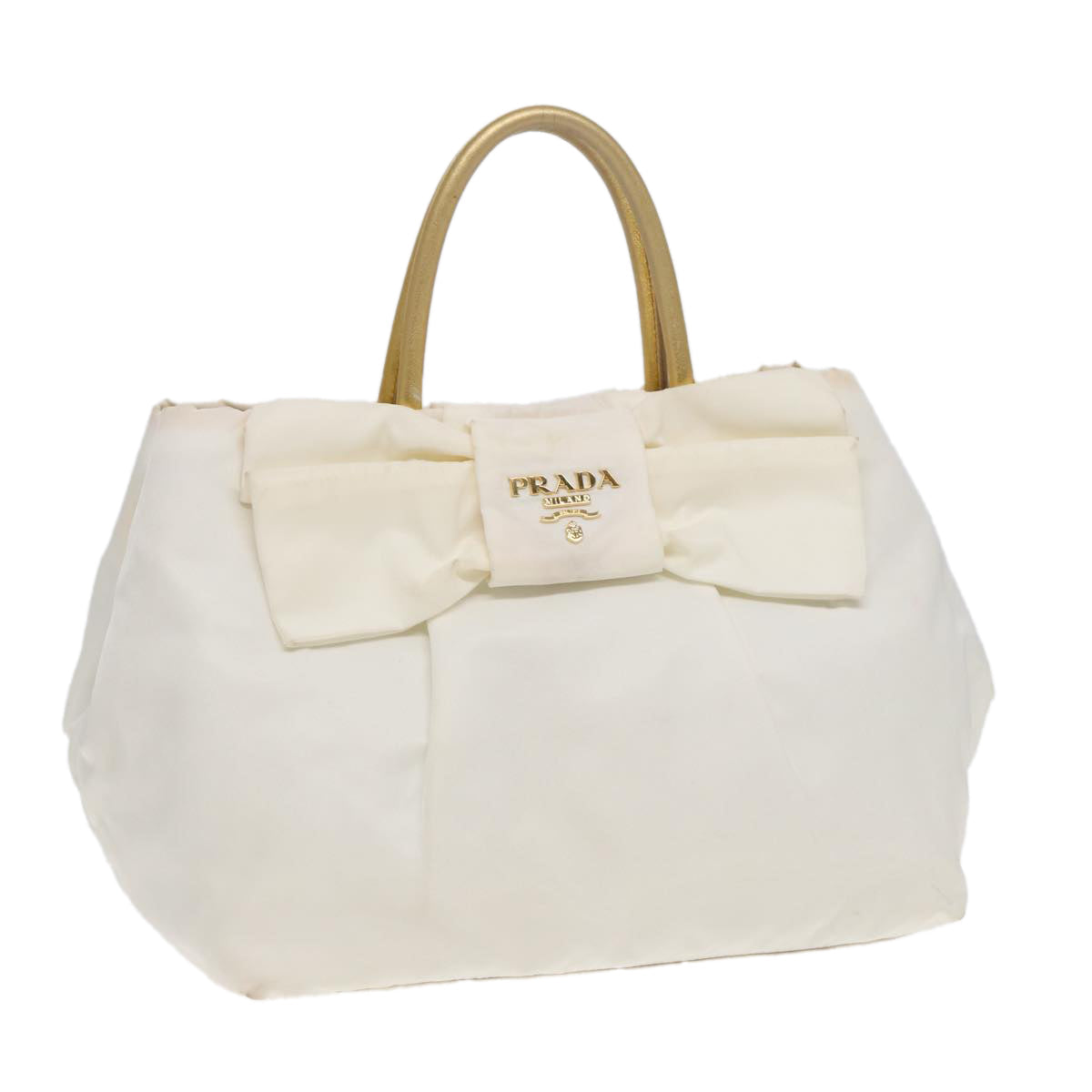 Luxury Prada Ribbon Hand Bag Nylon White Gold  88412