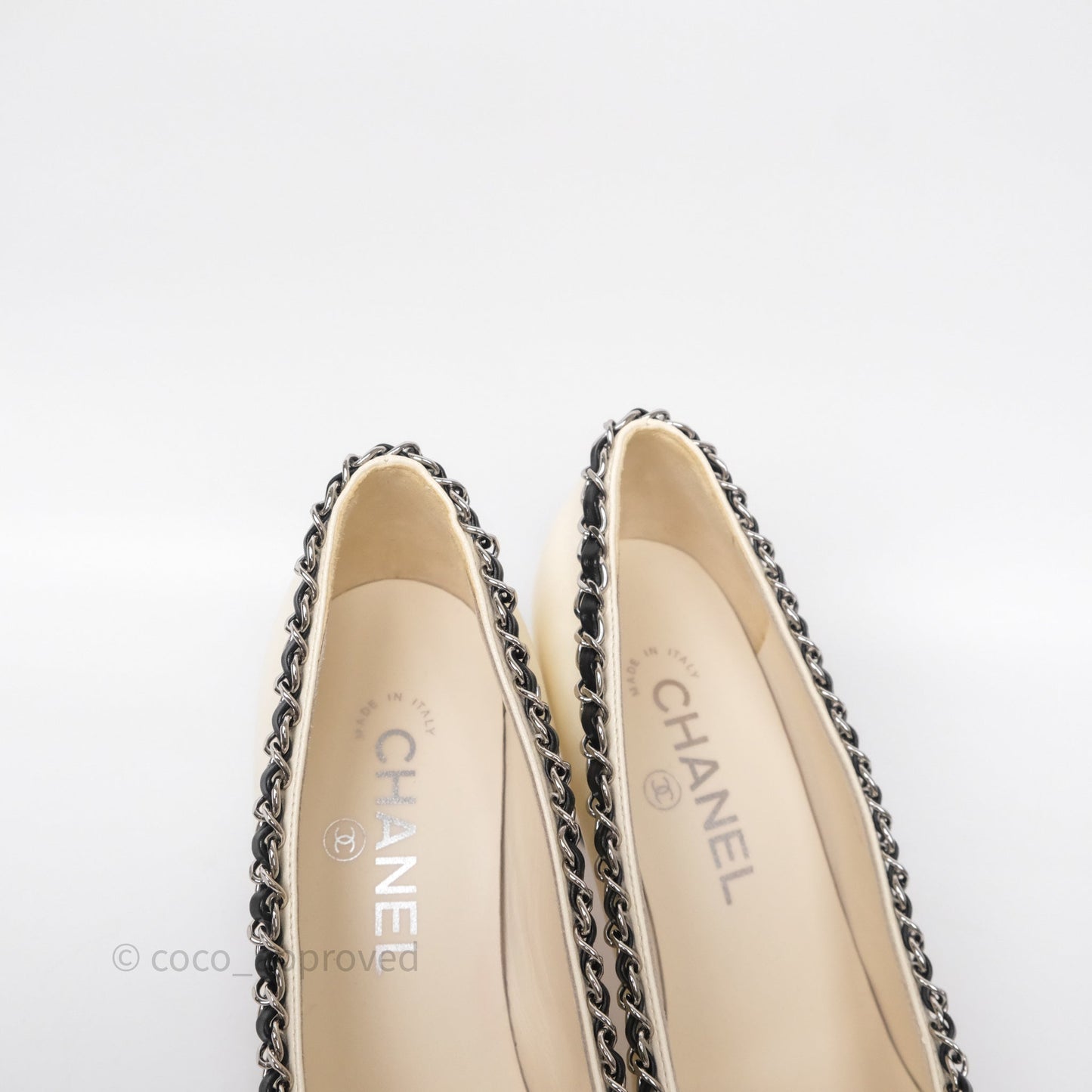 Chanel Classic Heels White With Black Leather Chain Size 36.5