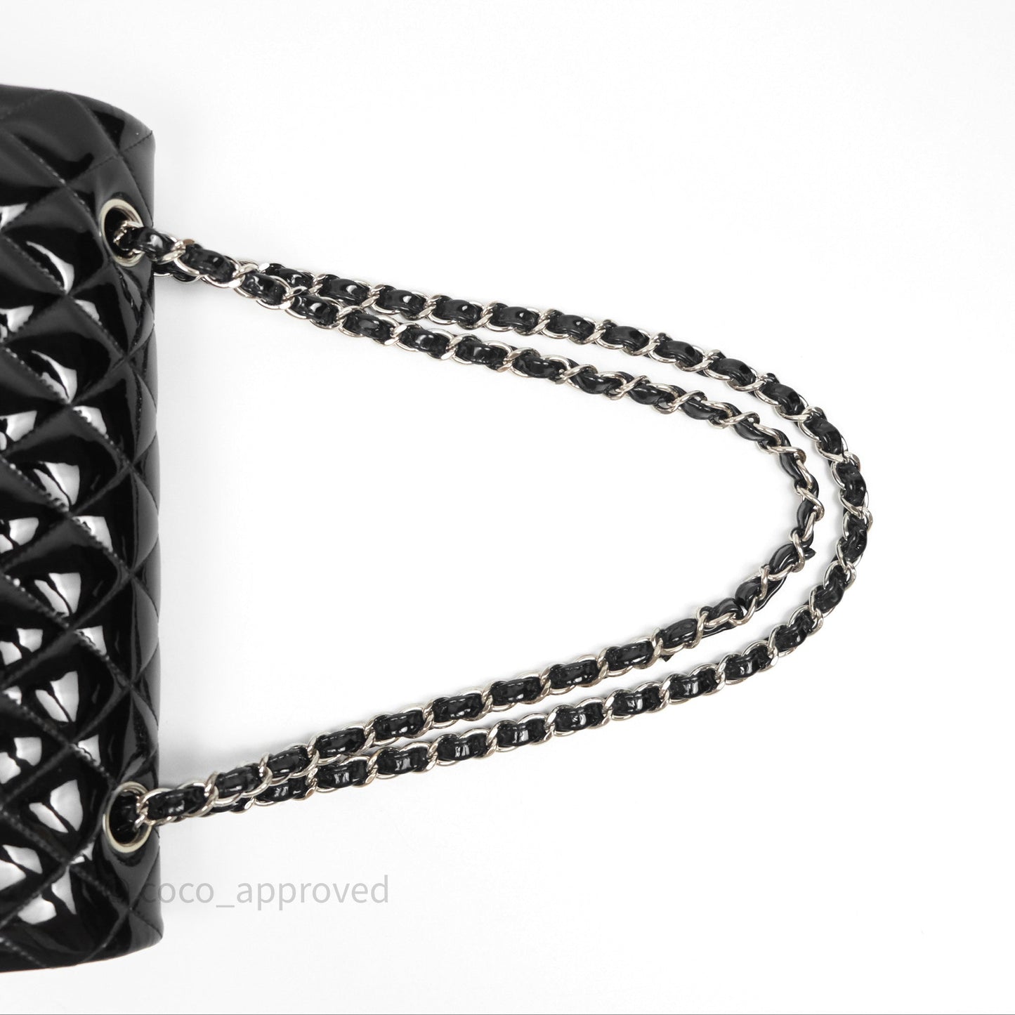 Chanel Classic M/L Medium Flap Quilted Black Patent Silver Hardware