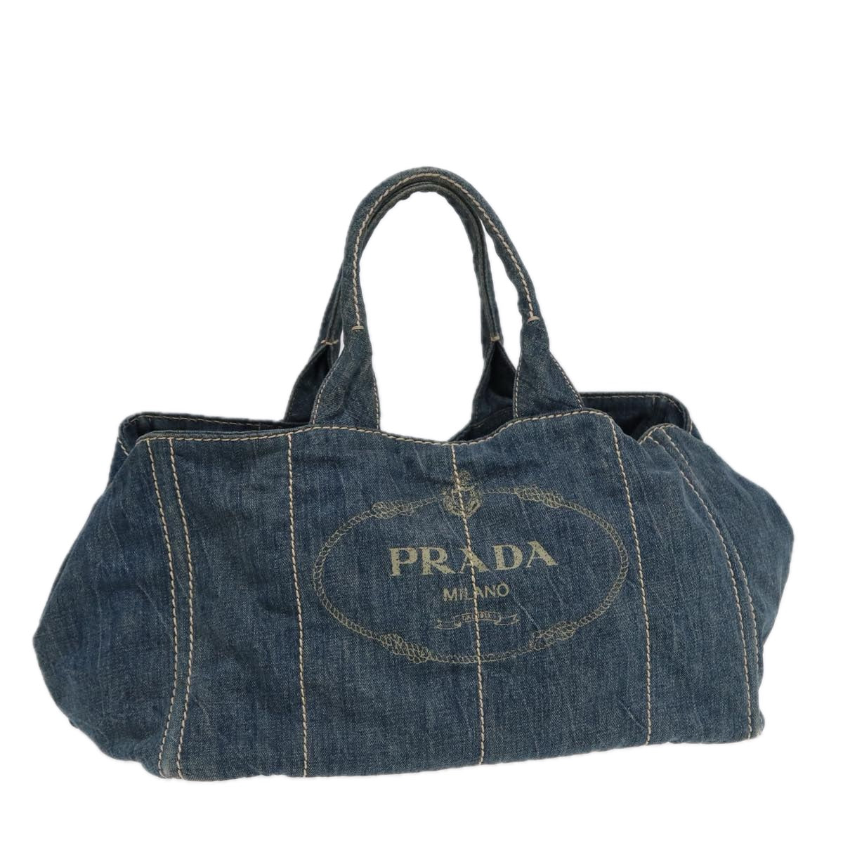 Luxury Prada Canapa GM Hand Bag Denim Blue Gold  88472