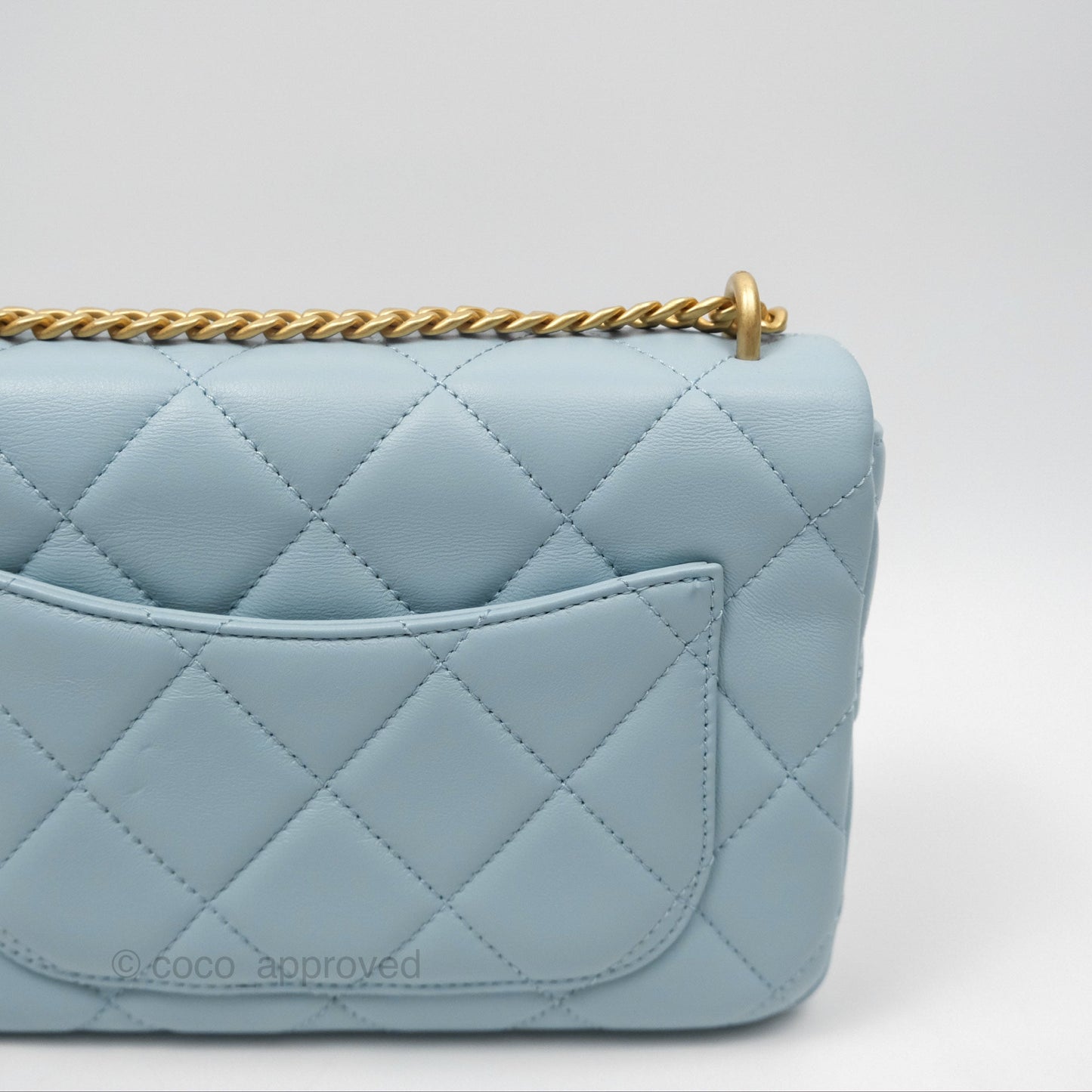 Chanel Quilted Enamel Pending CC Small Square Flap Baby Blue Lambskin 22P