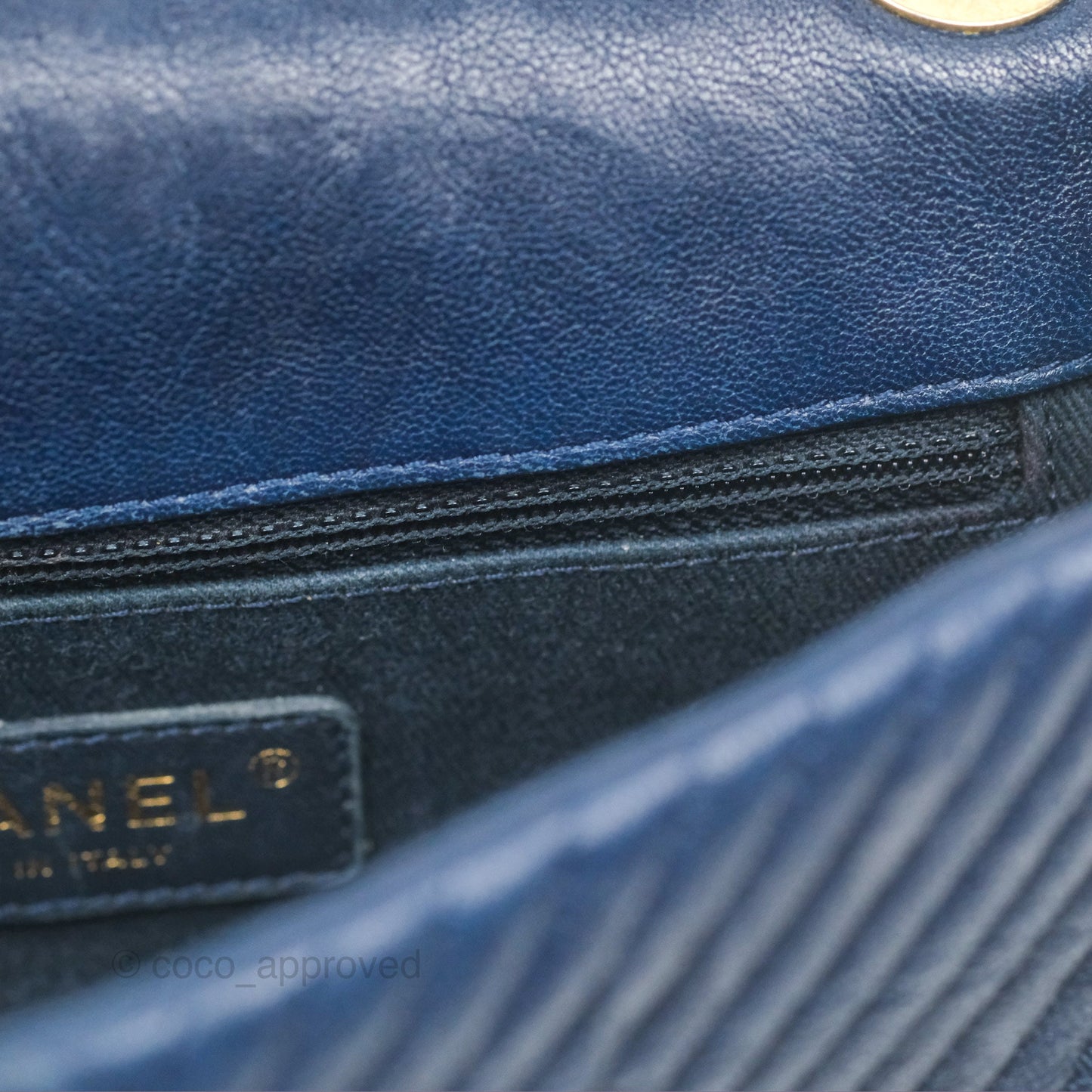 Chanel Small Chevron Surpique Flap Navy Calfskin Aged Gold Hardware