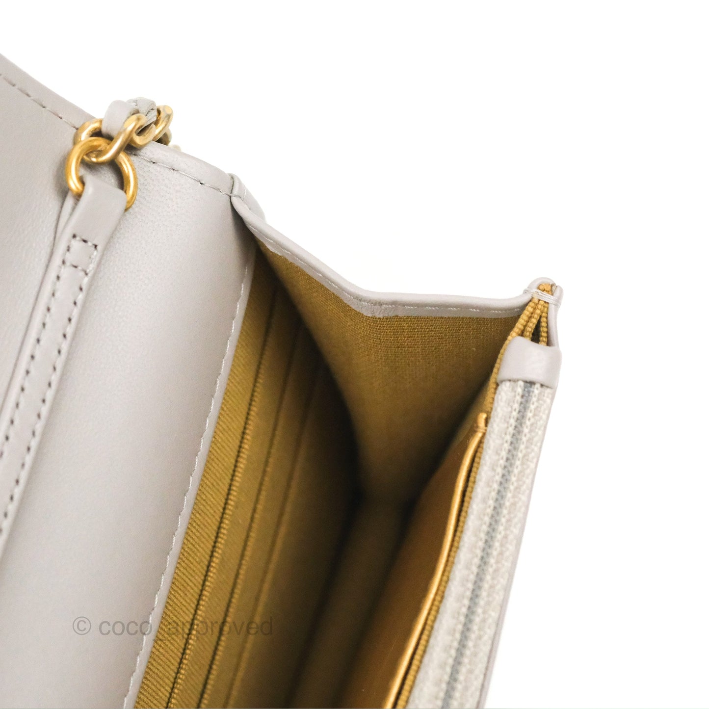 Chanel Quilted Pearl Crush Wallet on Chain WOC Light Grey Lambskin Aged Gold Hardware