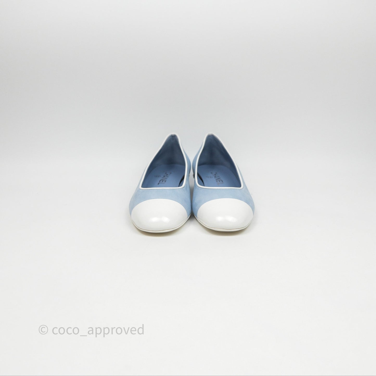 Chanel White Toe Pointed Light Blue Ballerinas With Chain Size 37
