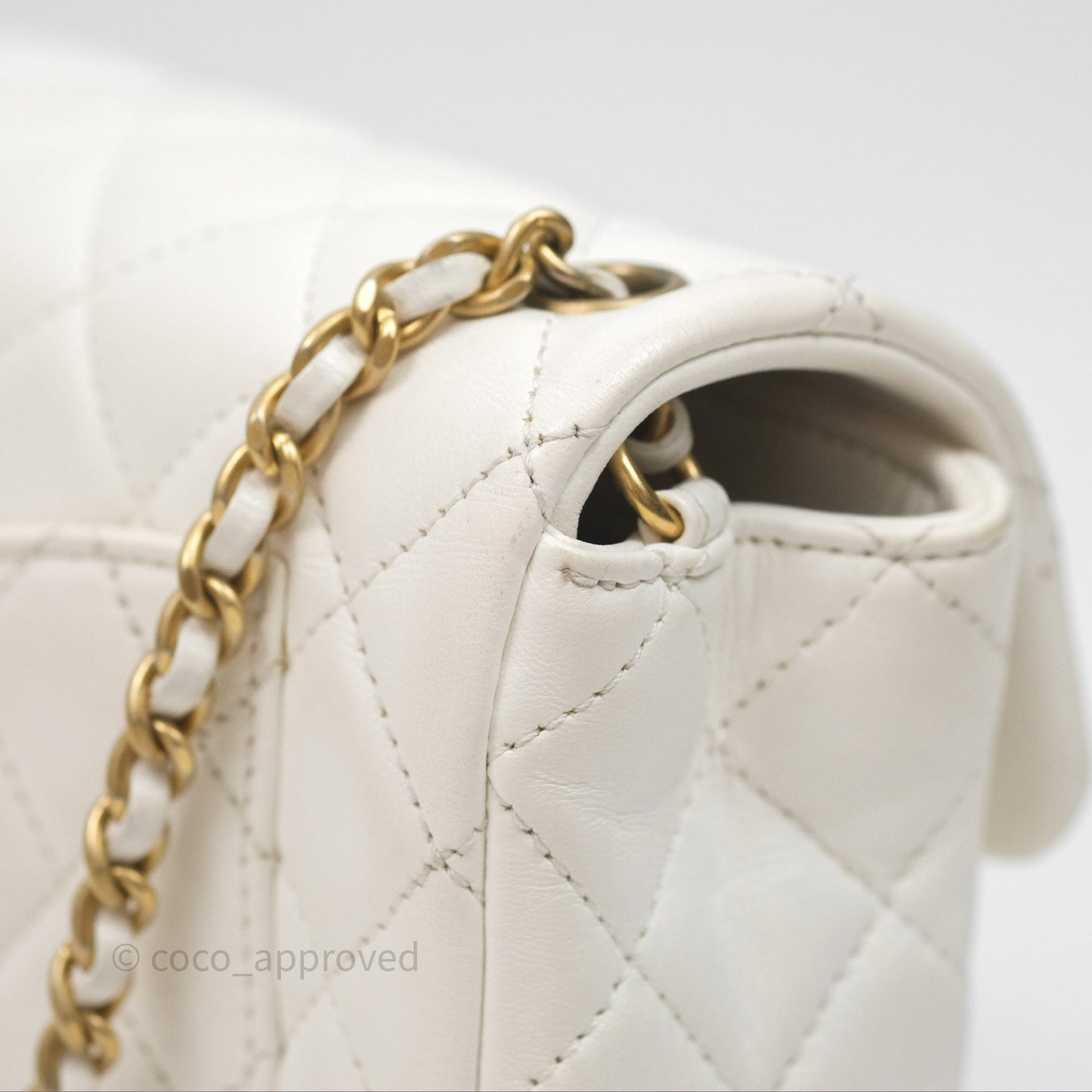 Chanel Mini Rectangular Pearl Crush Quilted White Lambskin Aged Gold Hardware