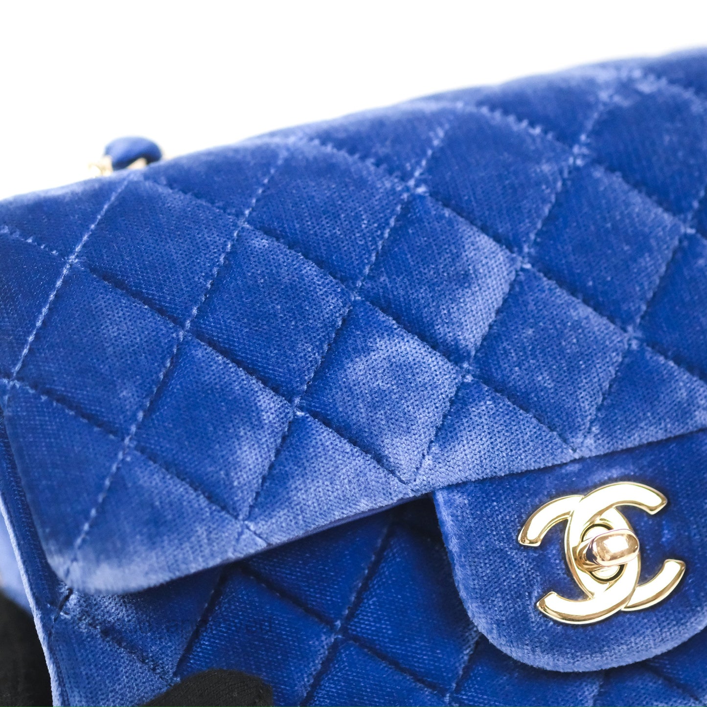 Chanel Quilted Mini Rectangular Flap Blue Velvet Gold Hardware
