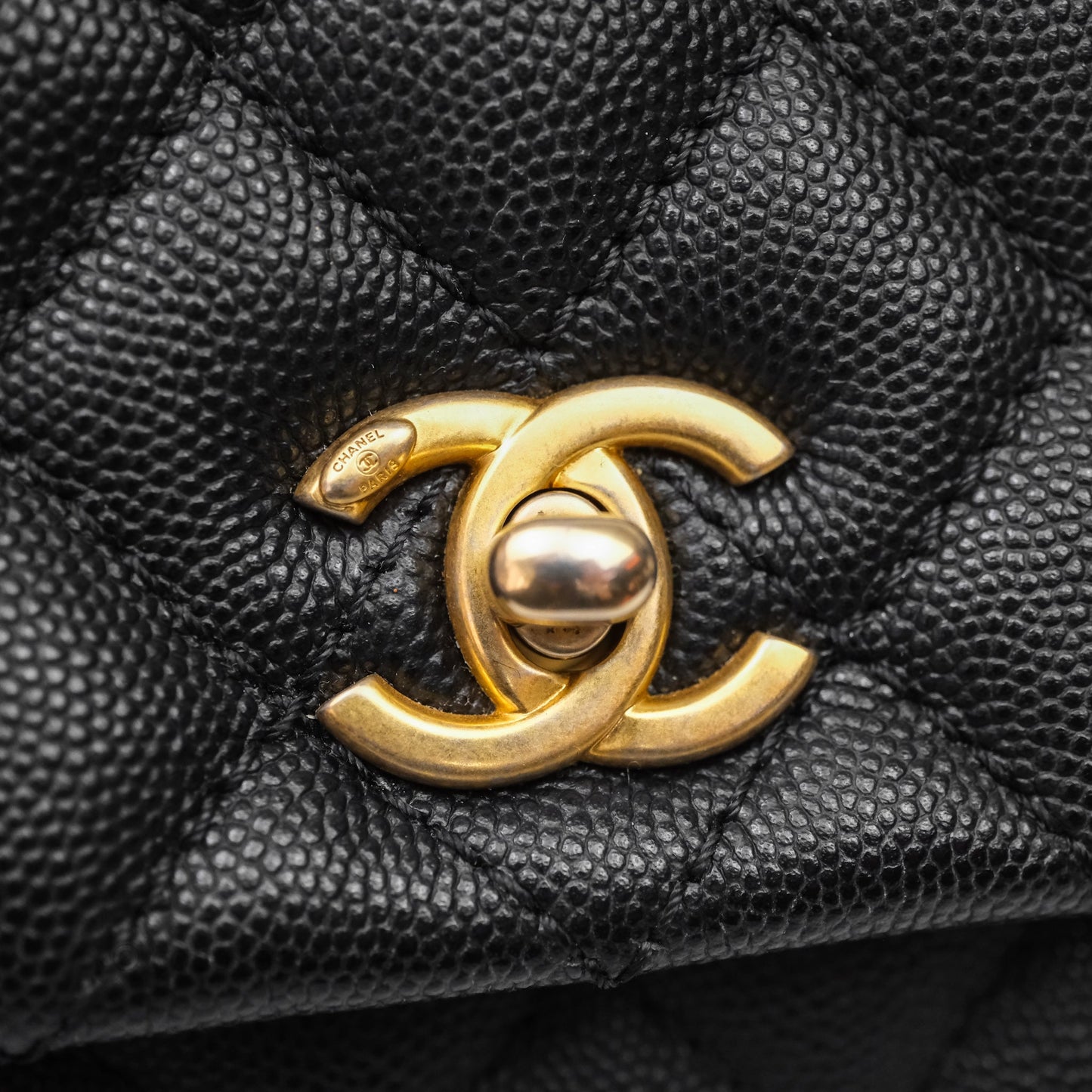 Chanel Small Quilted Coco Handle Black Caviar Aged Gold Hardware