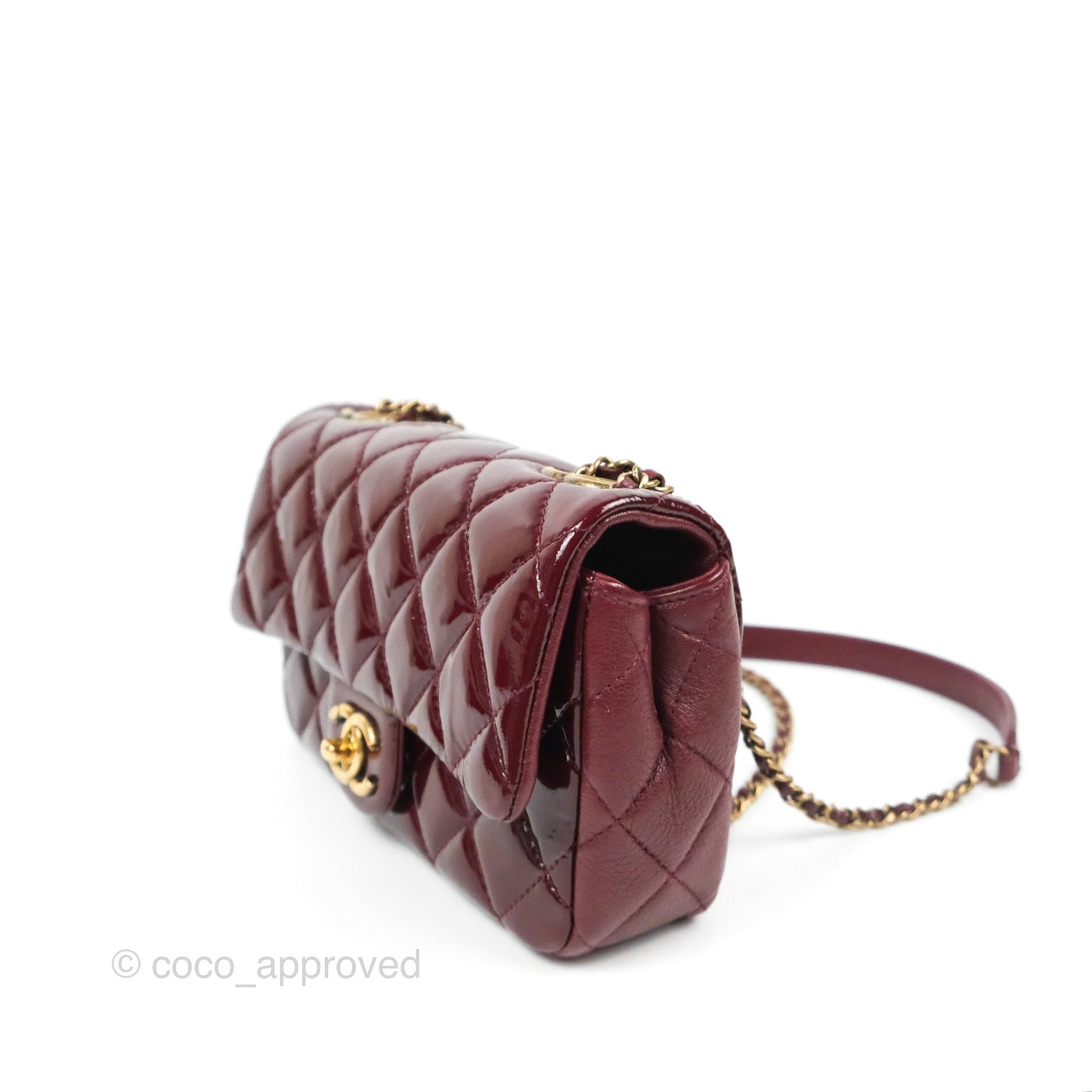Chanel Quilted CC Eyelet Flap Burgundy Patent Goatskin Antique Gold Hardware