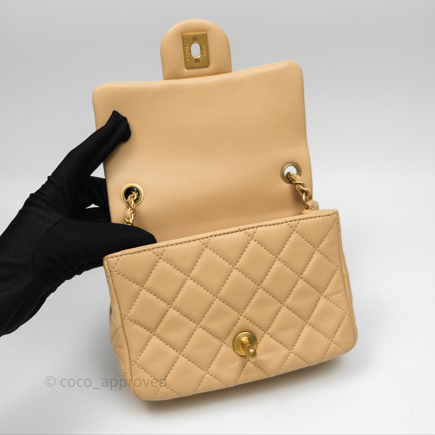 Chanel Pearl Crush Mini Square Quilted Beige Lambskin Aged Gold Hardware