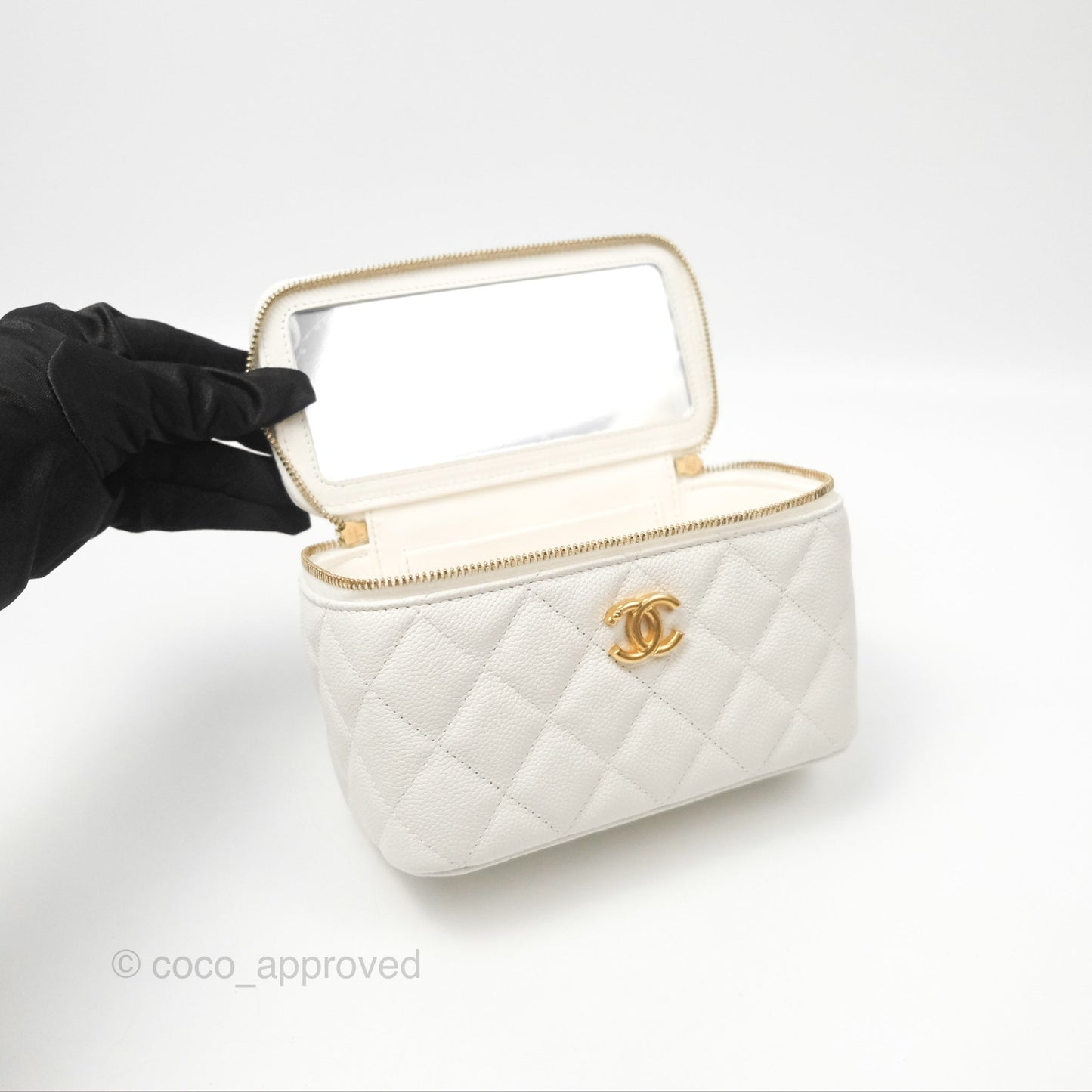 Chanel Vanity with Heart Adjustable Chain White Caviar Aged Gold Hardware