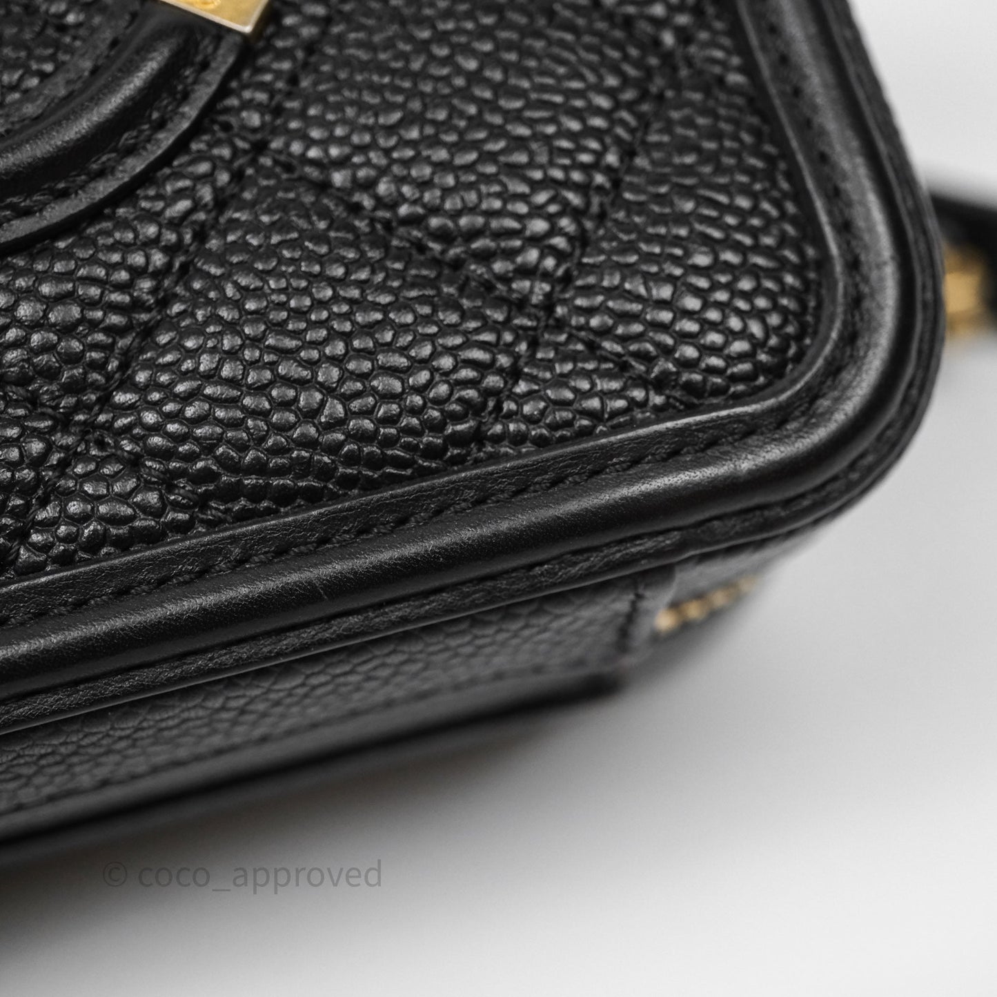 Chanel Quilted Small CC Filigree Vanity Case Black Caviar Aged Gold Hardware