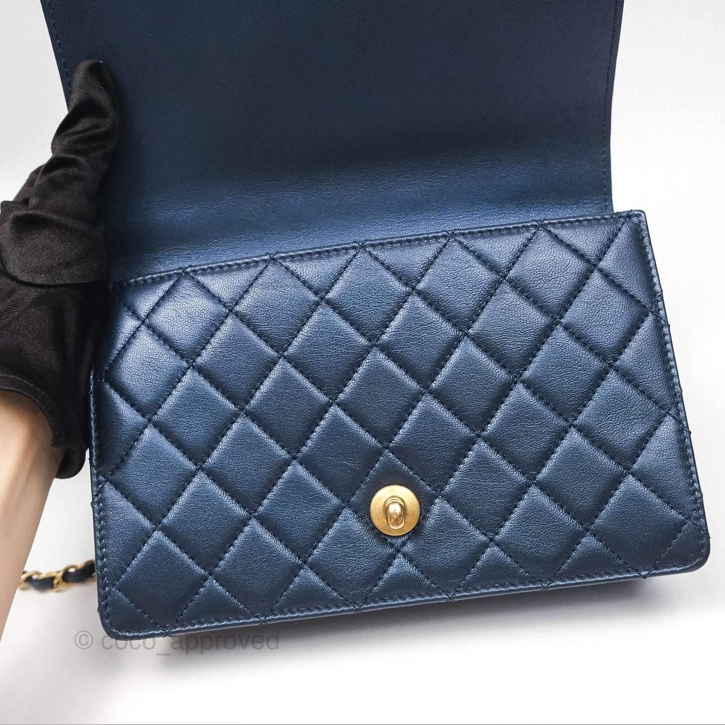 Chanel Small Quilted Chic Pearls Flap Iridescent Navy Goatskin Aged Gold Hardware