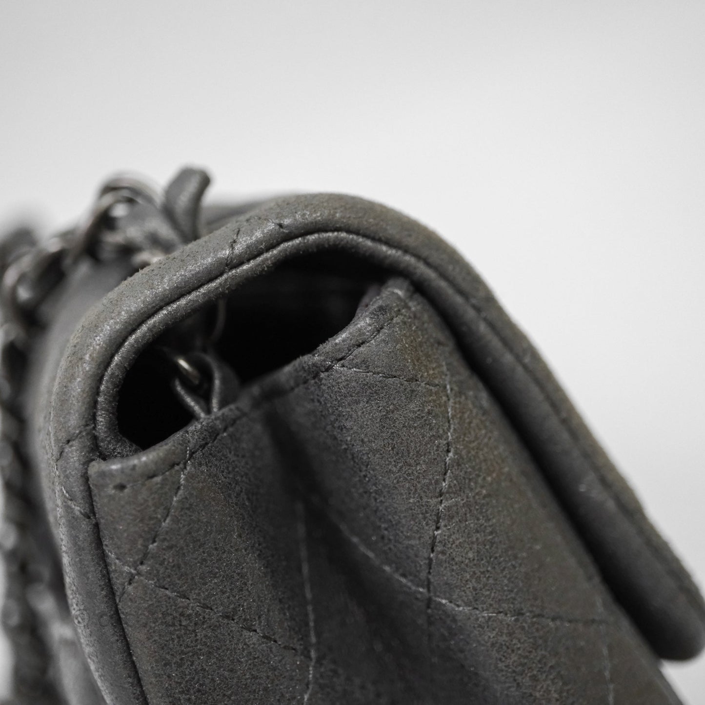 Chanel Mini Square Iridescent Grey Suede Gun Metal Hardware