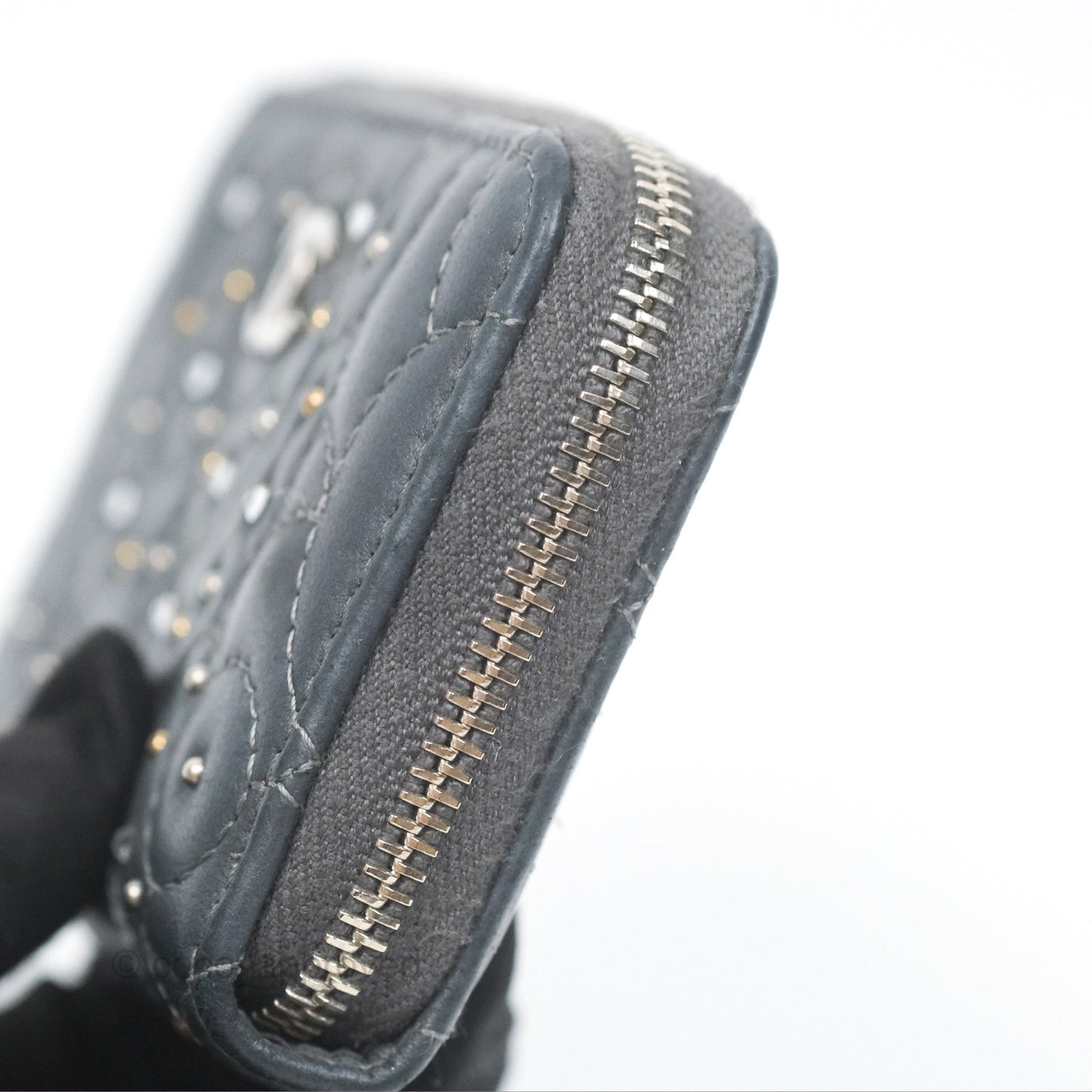 Chanel Camellia Crystal Studded Zipped Coin Purse Grey Silver Hardware