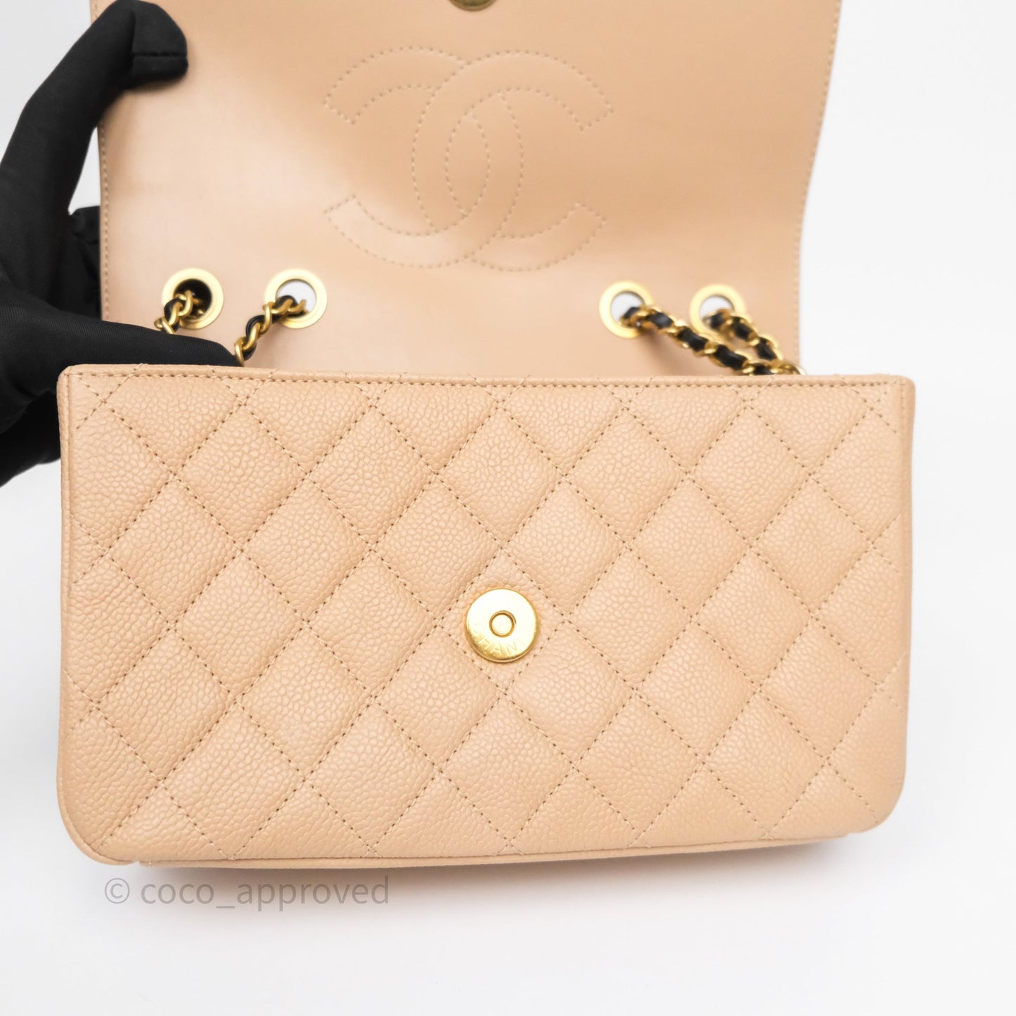 Chanel Small CC Filigree Flap Quilted Beige Black Caviar