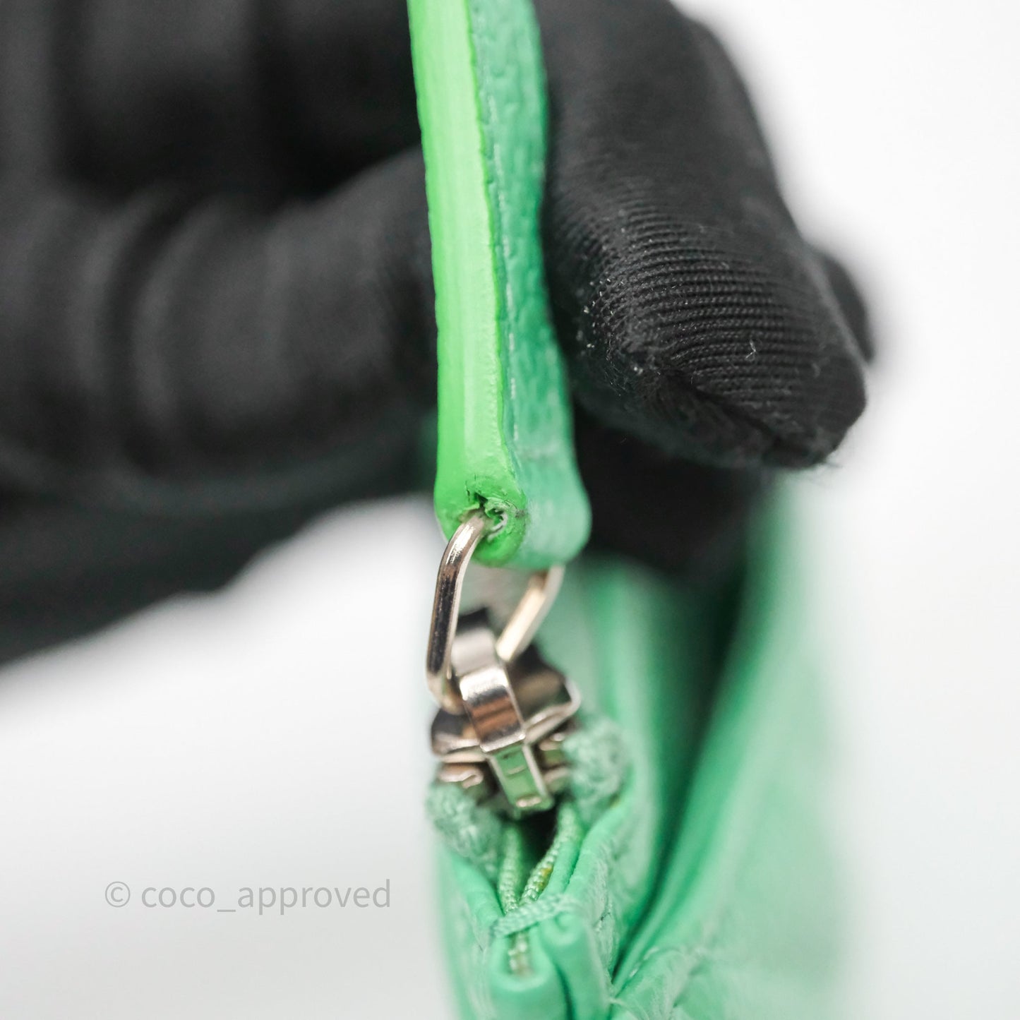 Chanel Long Zip Chevron Green Wallet Silver Hardware