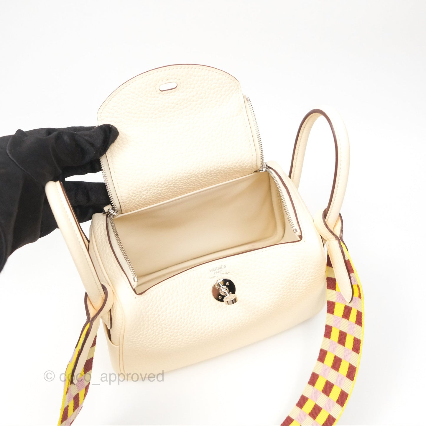 Hermes Mini Lindy Nata I2 Clemence Maxi Quadrille Lime/Mauve sylvestre Toile Palladium Hardware