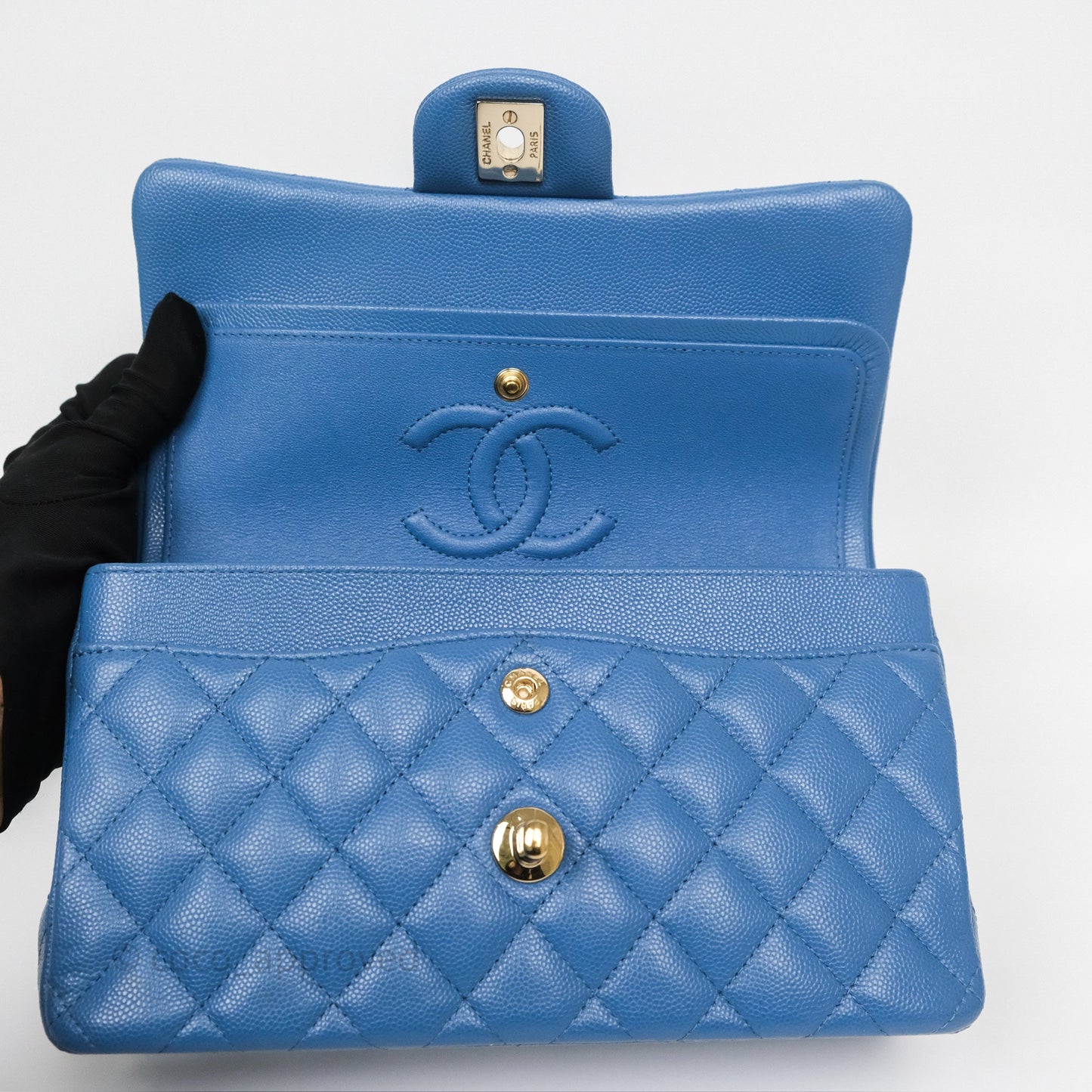 Chanel Small Classic Quilted Flap Blue Caviar Gold Hardware