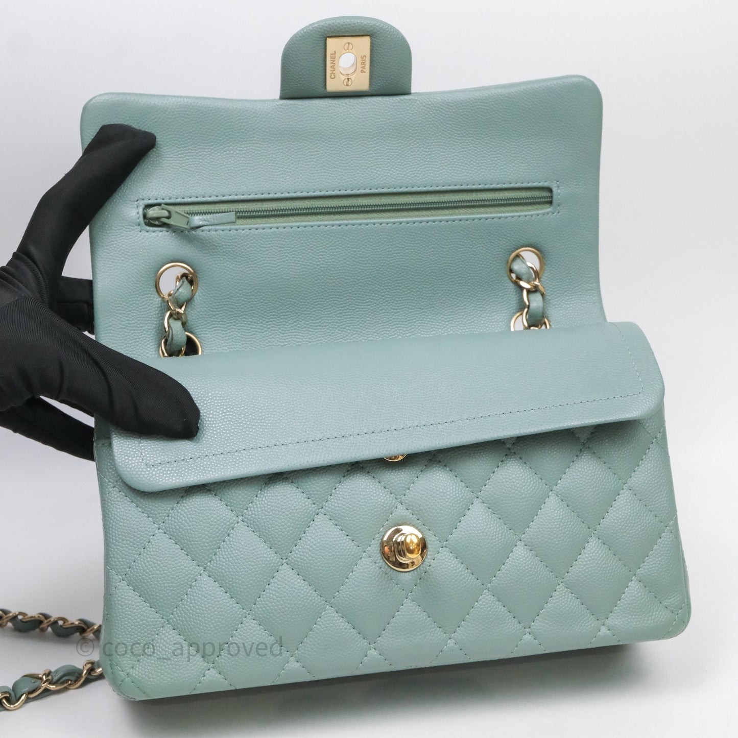 Chanel Small Quilted Classic Flap Tiffany Green Cavier Gold Hardware
