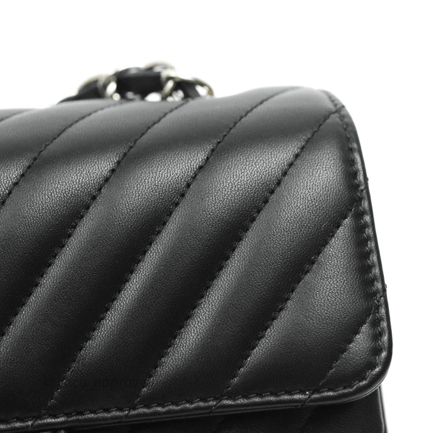 Chanel Chevron Mini Rectangular Flap Black Lambskin Silver Hardware
