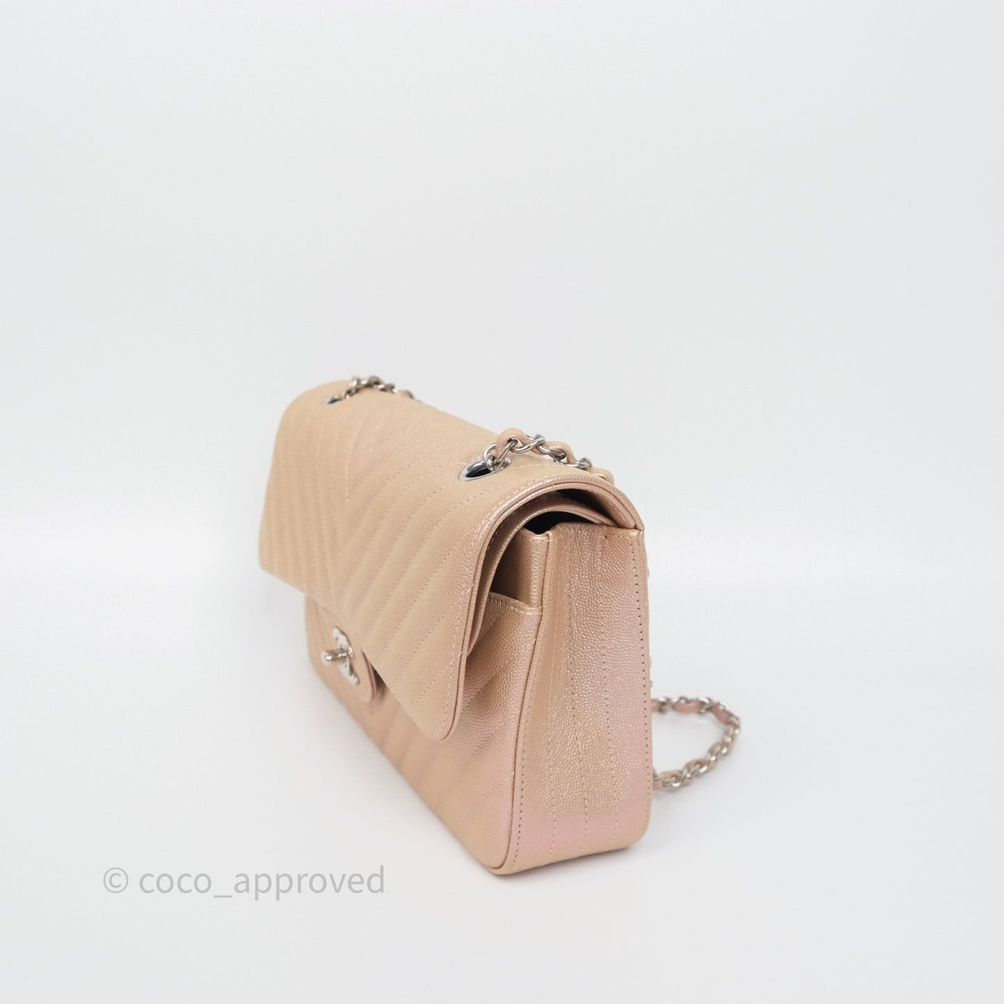 Chanel Classic Medium Double Flap Chevron Iridescent Rose Gold Pink Caviar 17B