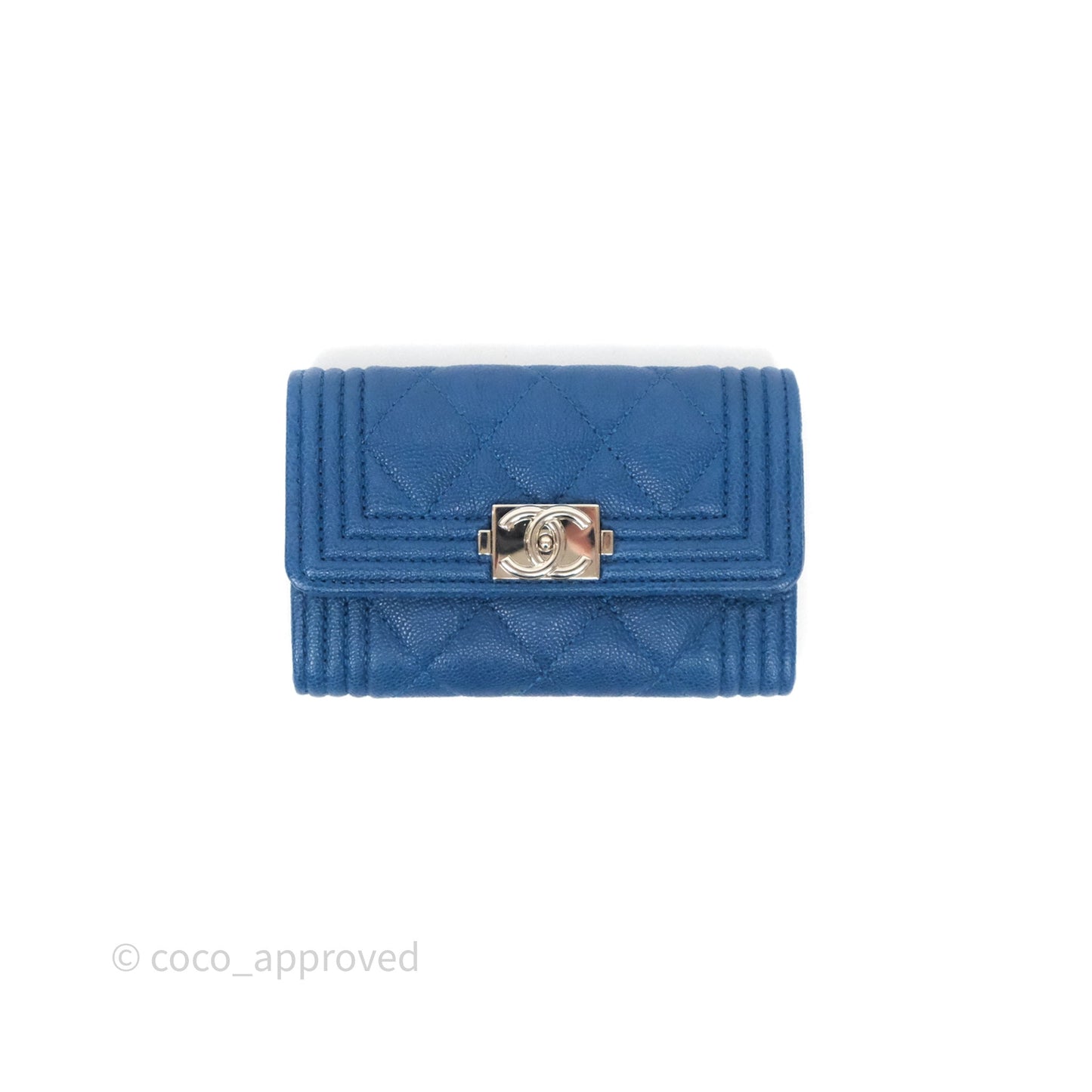 Chanel Quilted Boy Flap Card Holder Blue Caviar Silver Hardware