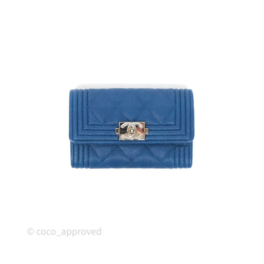 Chanel Quilted Boy Flap Card Holder Blue Caviar Silver Hardware