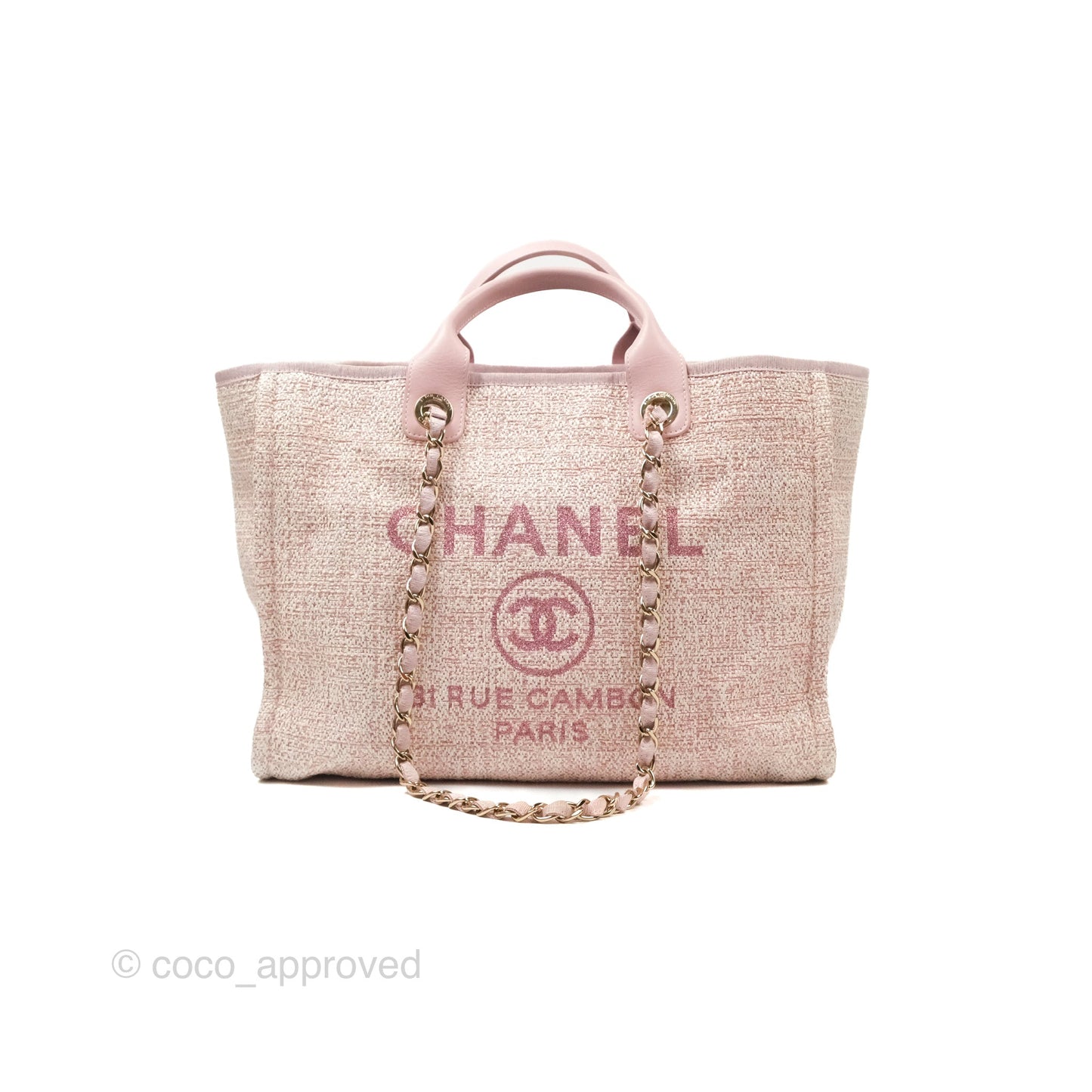 Chanel Large Deauville Tote Pink Woven Tweed Gold Hardware