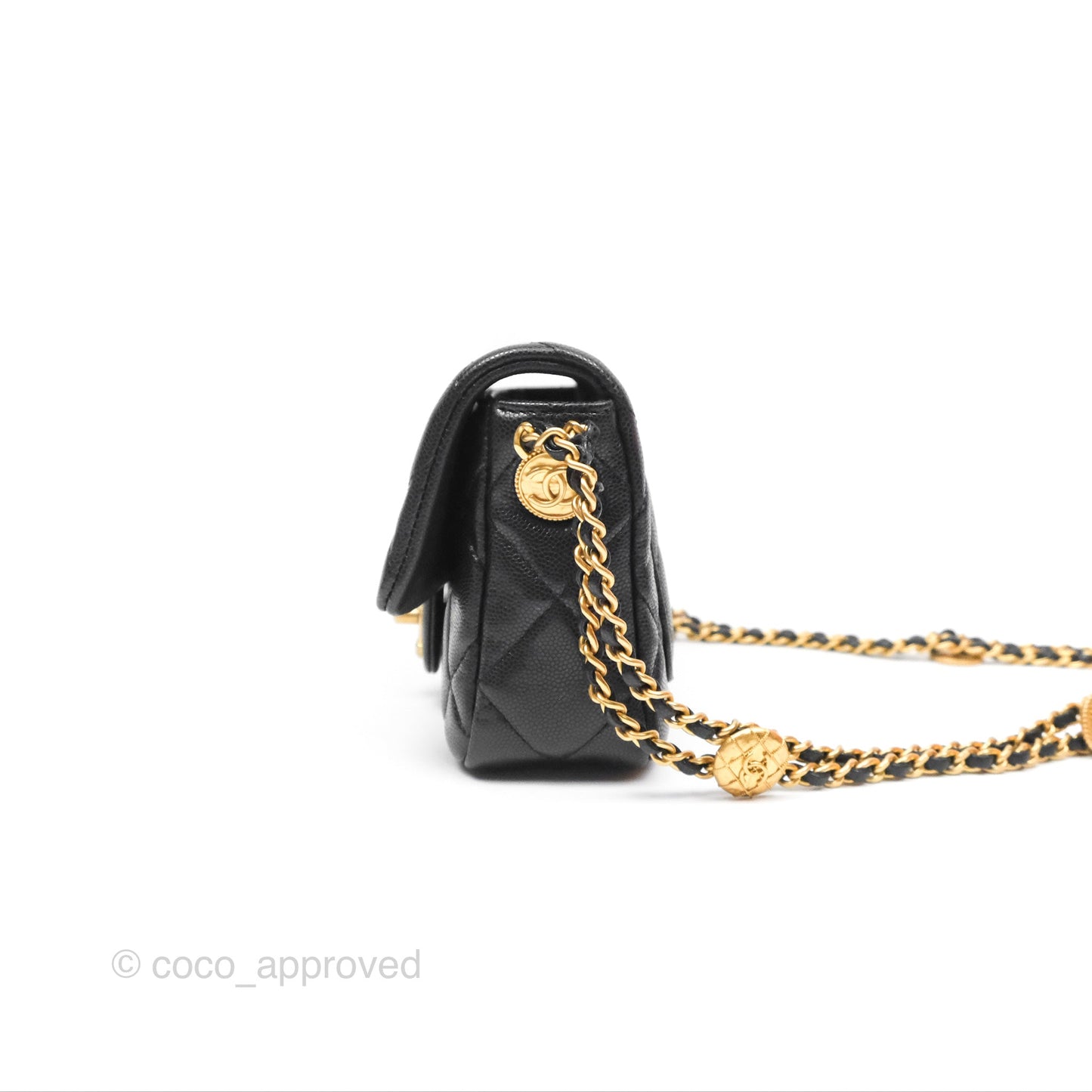 Chanel Mini Flap with Coin Charm Black Caviar Aged Gold Hardware 22A