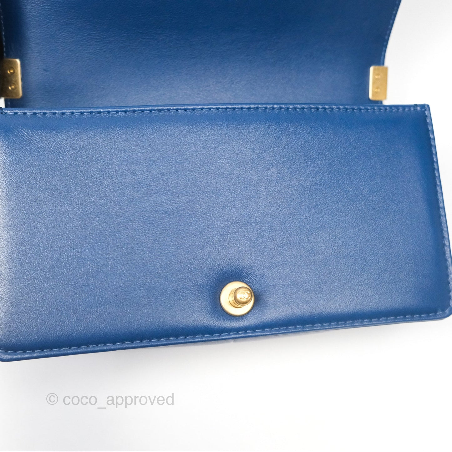 Chanel Quilted Medium Boy With Handle Dark Blue Calfskin Aged Gold Hardware
