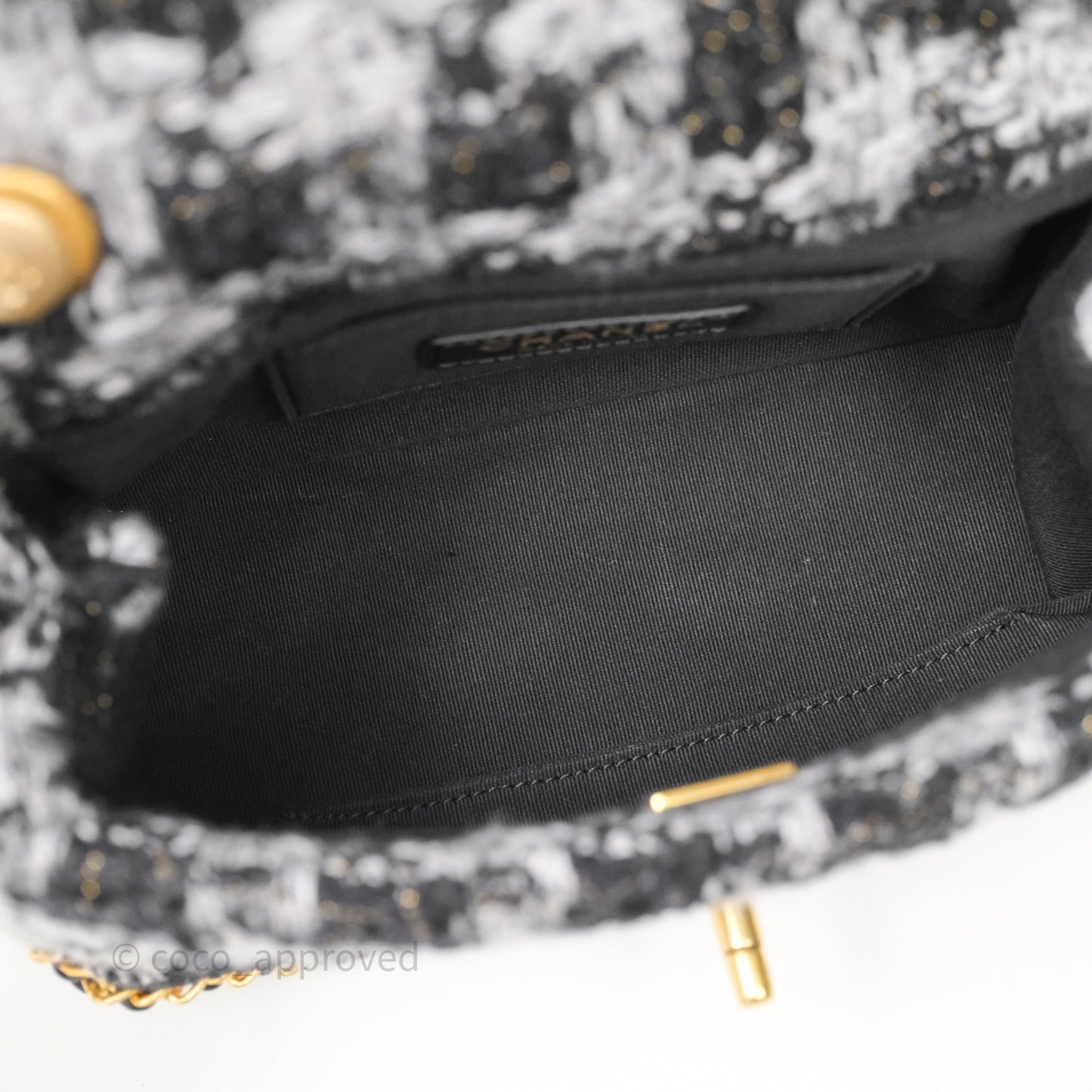 Chanel Mini Flag Bag Black & Grey Tweed Aged Gold Hardware