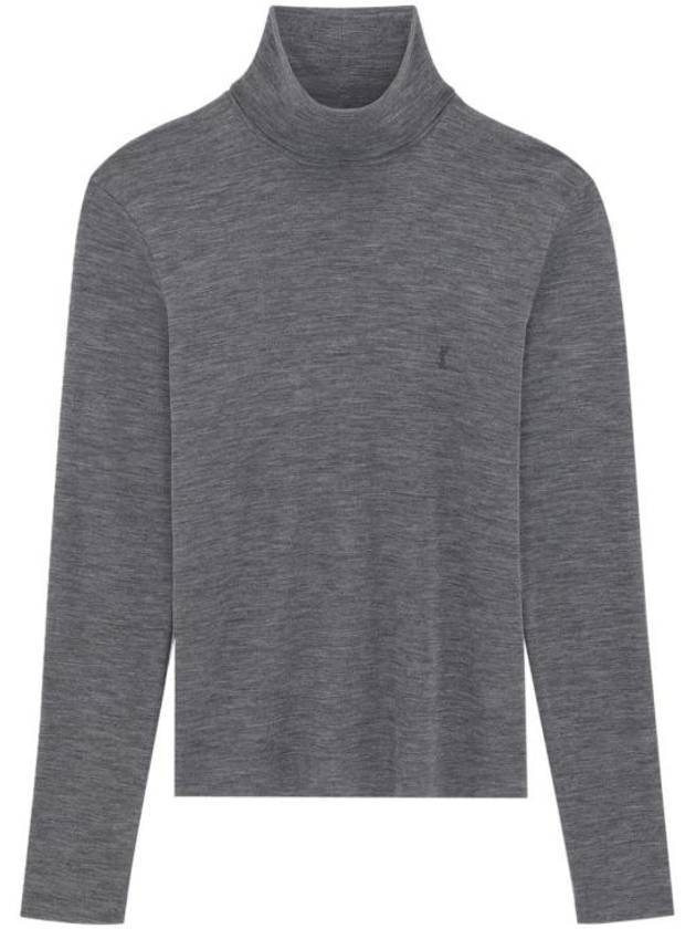 Luxury Saint Laurent Embroidered Logo Roll Neck Wool Knit Top Grey