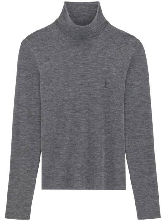 Luxury Saint Laurent Embroidered Logo Roll Neck Wool Knit Top Grey
