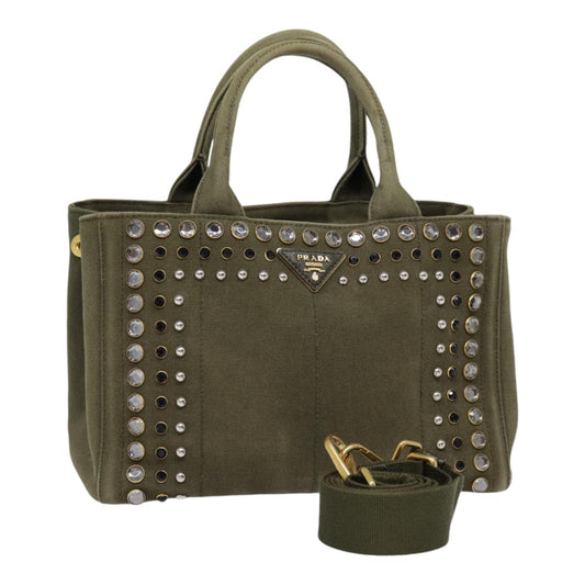 Luxury Prada Bijoux Canapa PM Hand Bag Canvas 2way Khaki Gold  89045