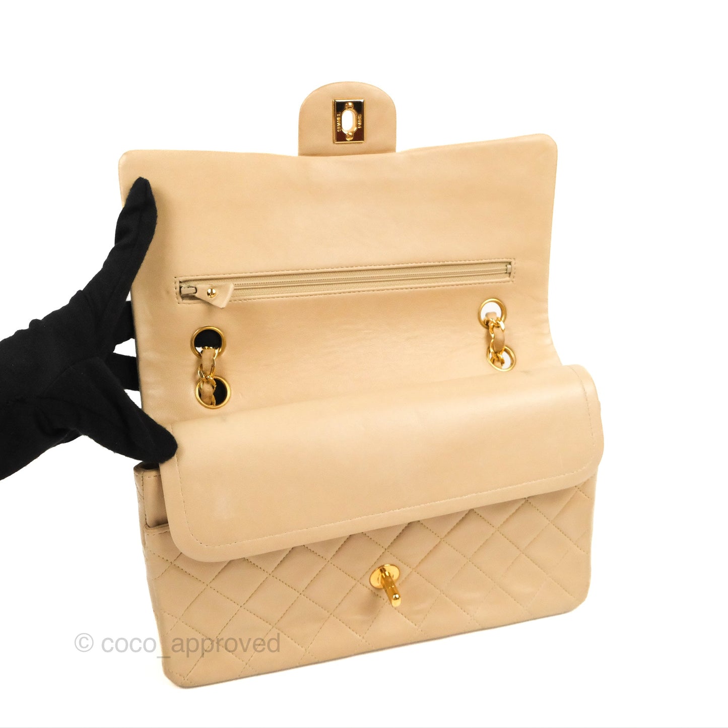 Chanel Vintage Medium Classic Flap Beige Lambskin 24K Gold Hardware